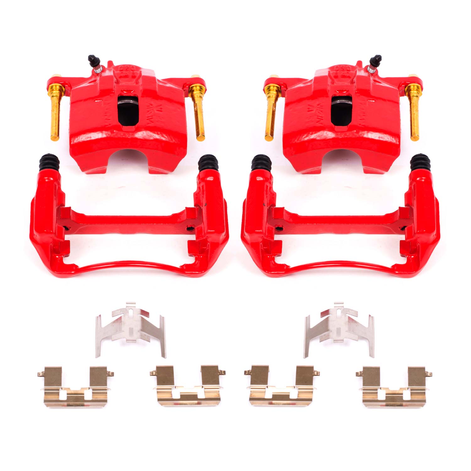 Four red PowerStop brake calipers.