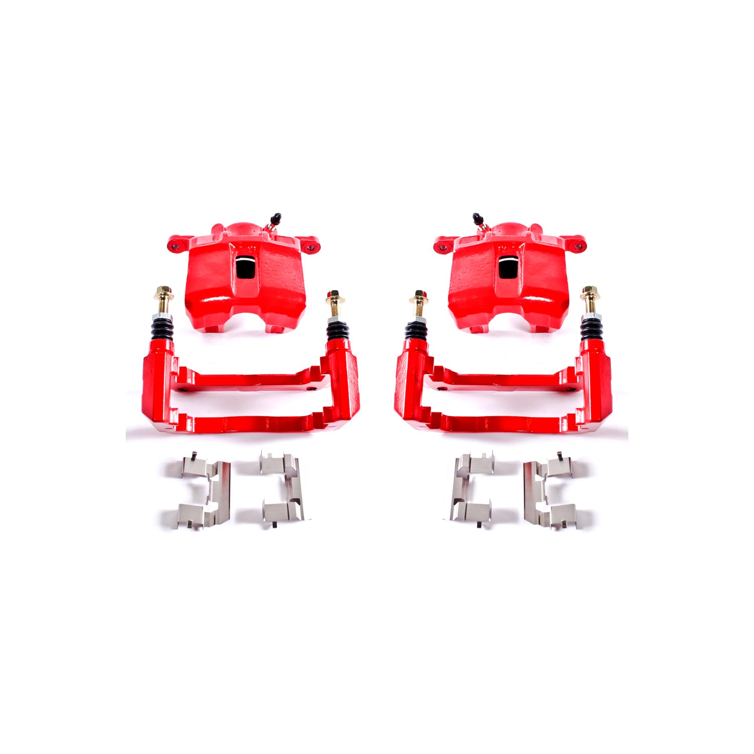 Four red PowerStop brake calipers.