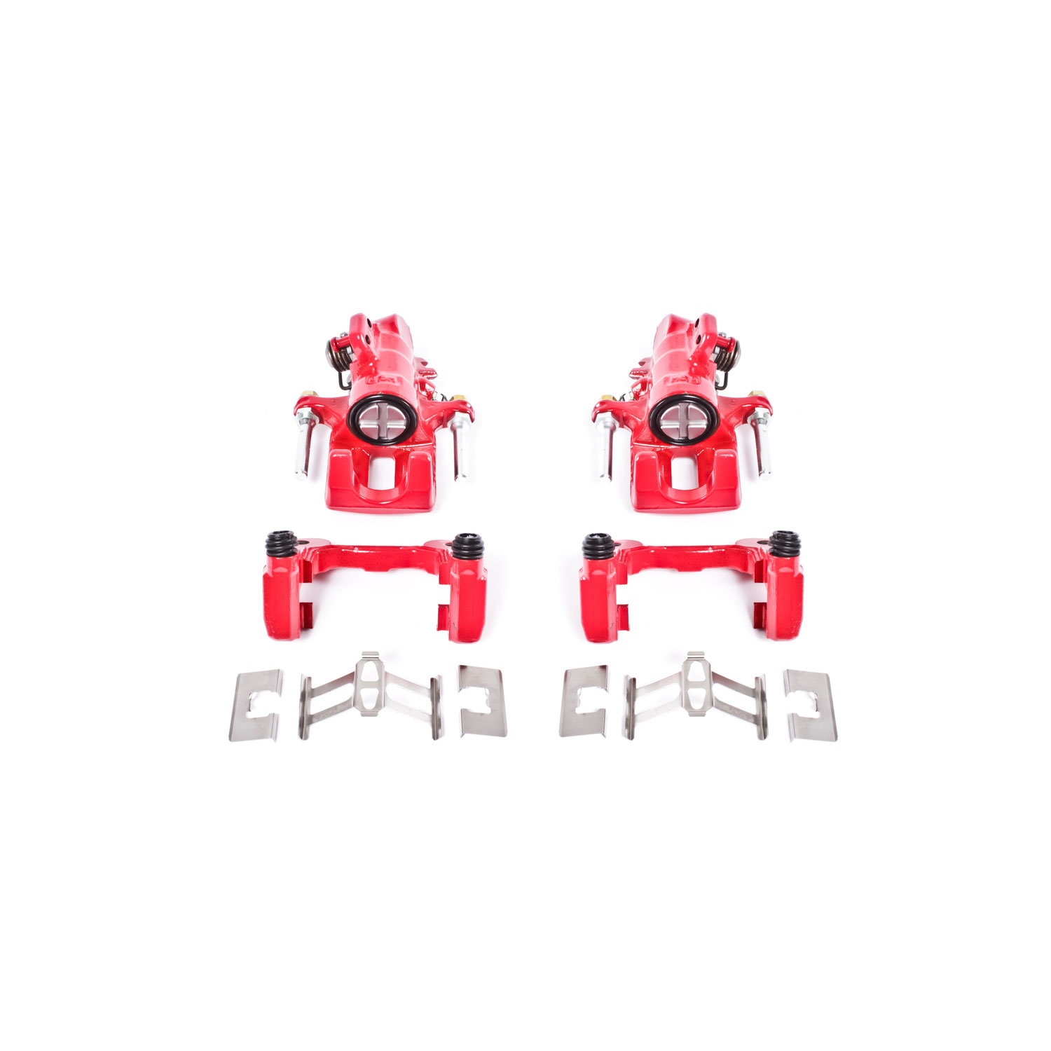 Four red PowerStop brake calipers.
