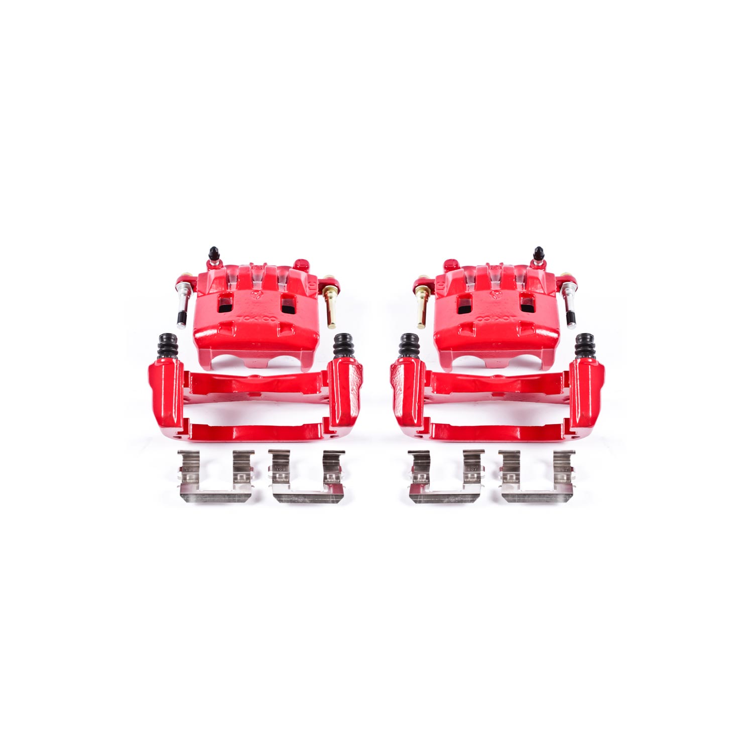 Four red PowerStop brake calipers.