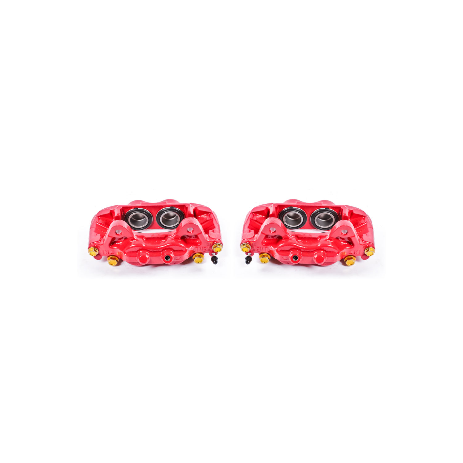 Four red PowerStop brake calipers.