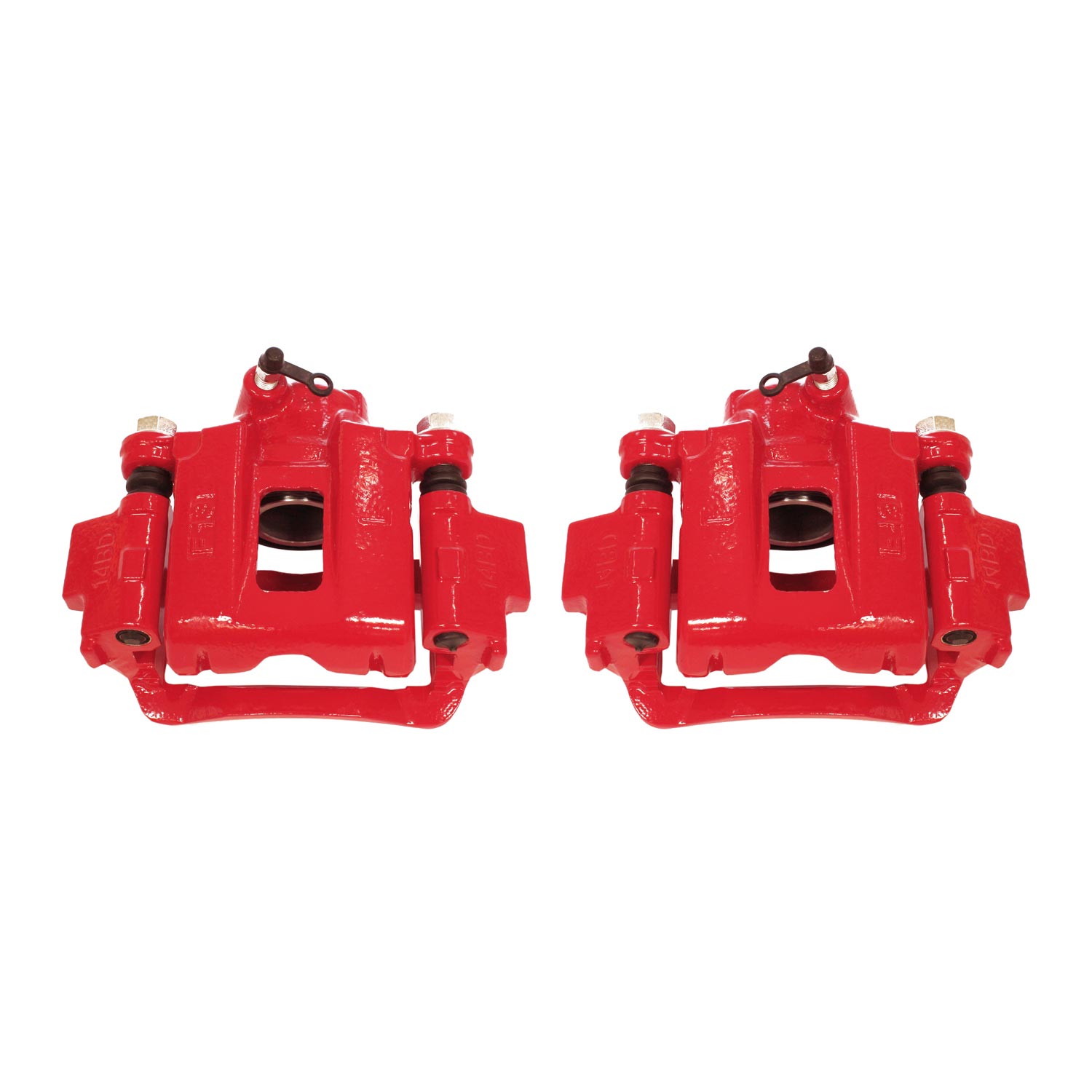 Four red PowerStop brake calipers.
