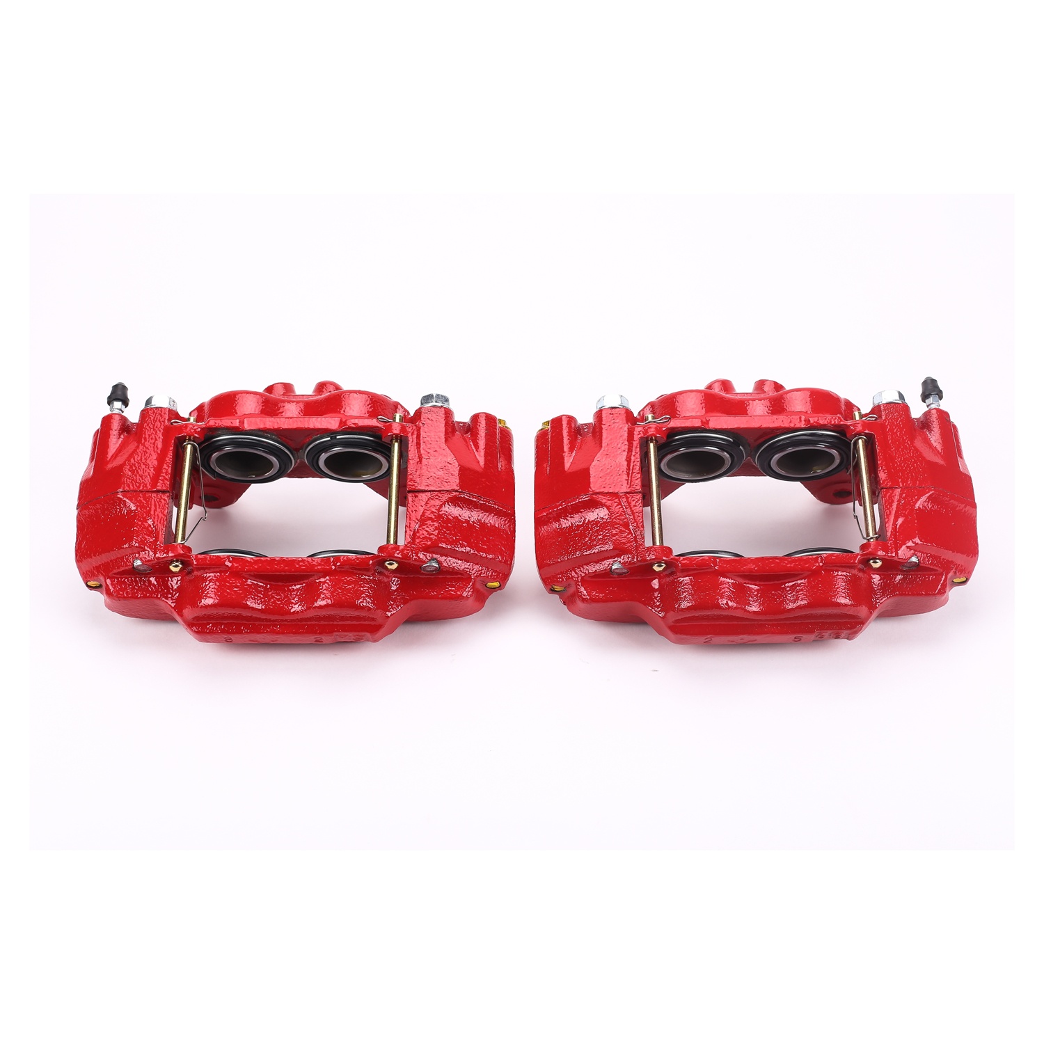 Four red PowerStop brake calipers.