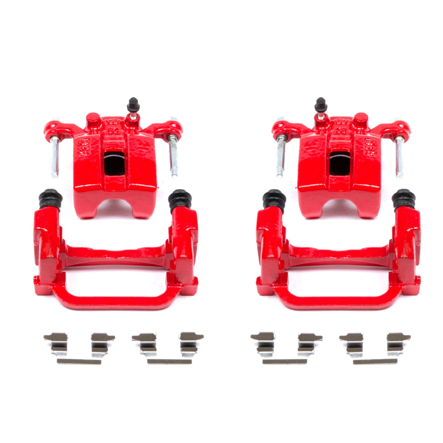 Four red PowerStop brake calipers.