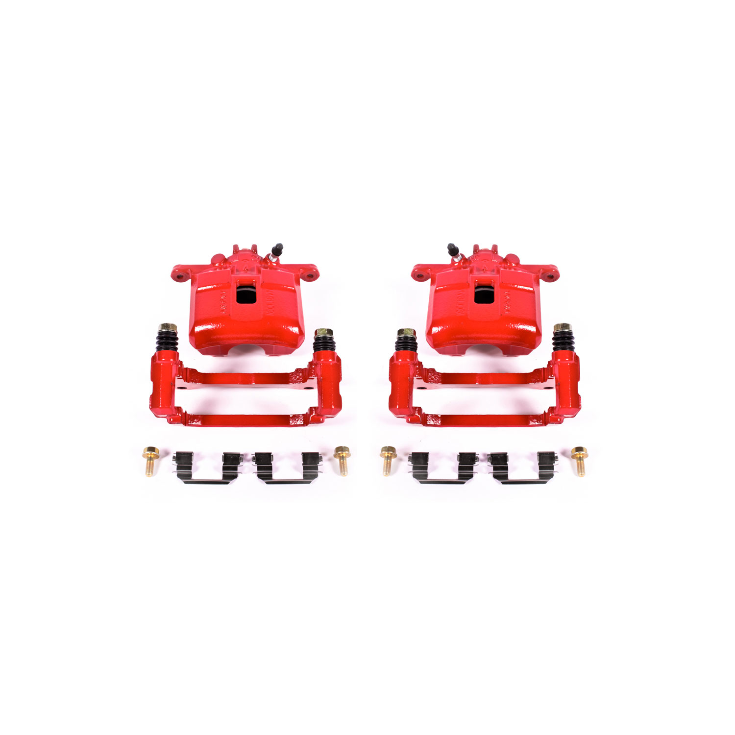 Four red PowerStop brake calipers.