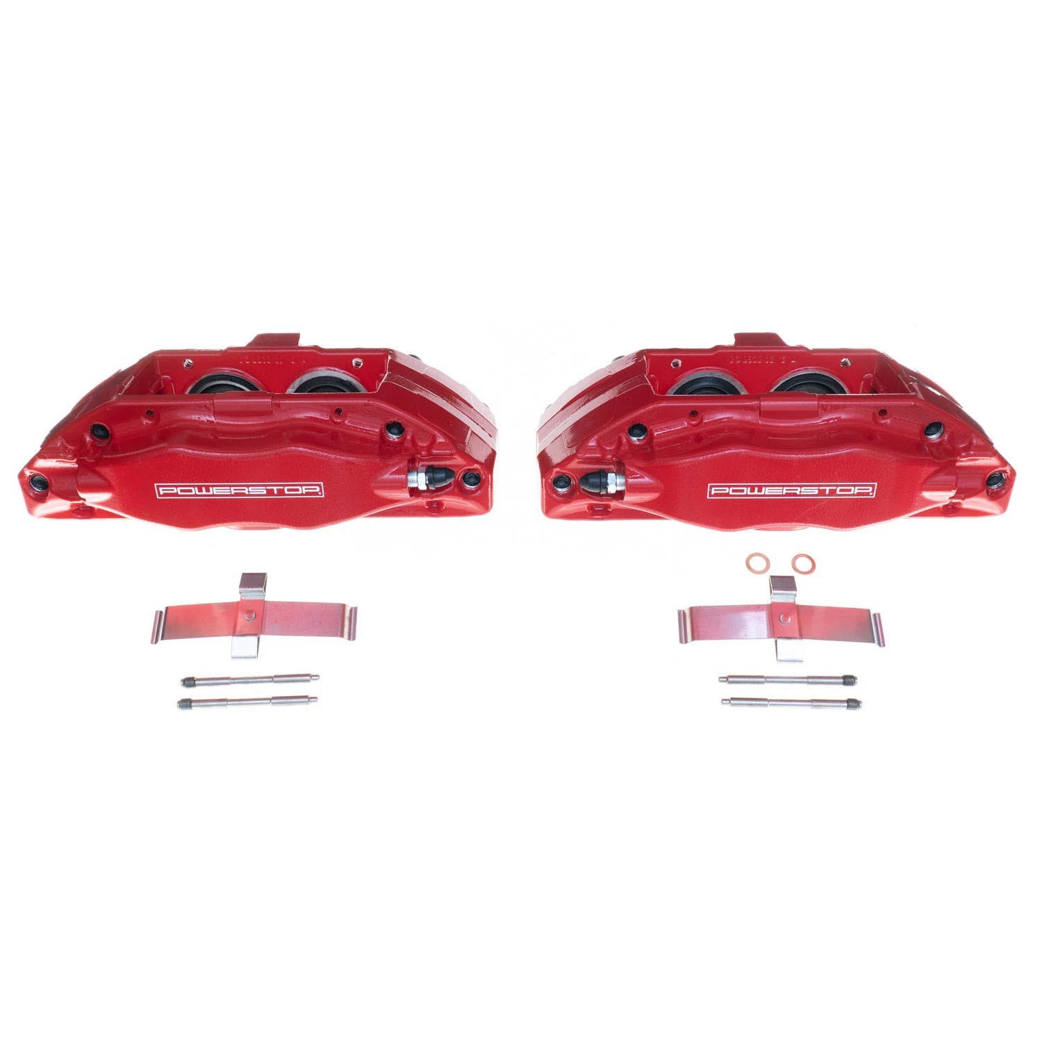 Four red PowerStop brake calipers.