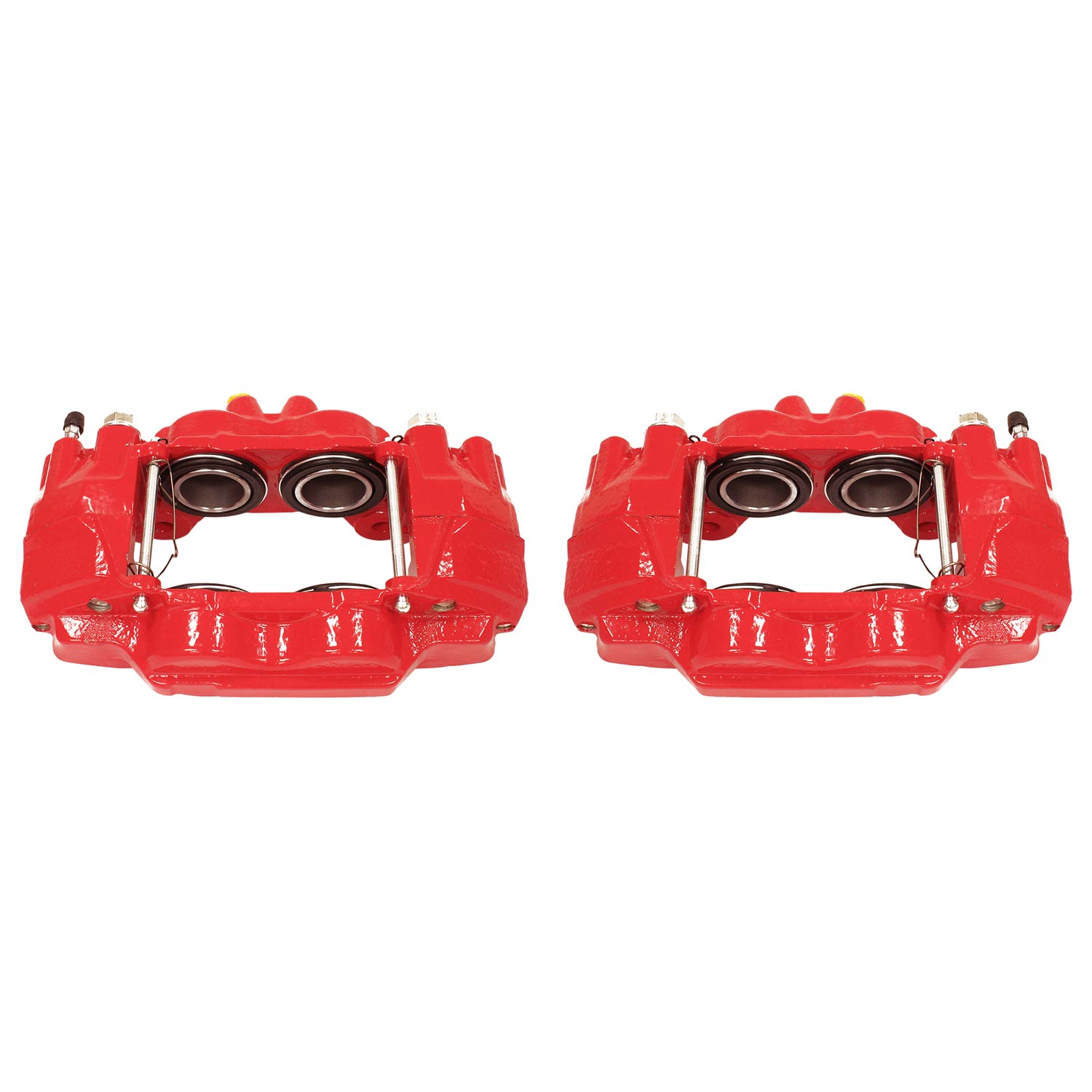Four red PowerStop brake calipers.