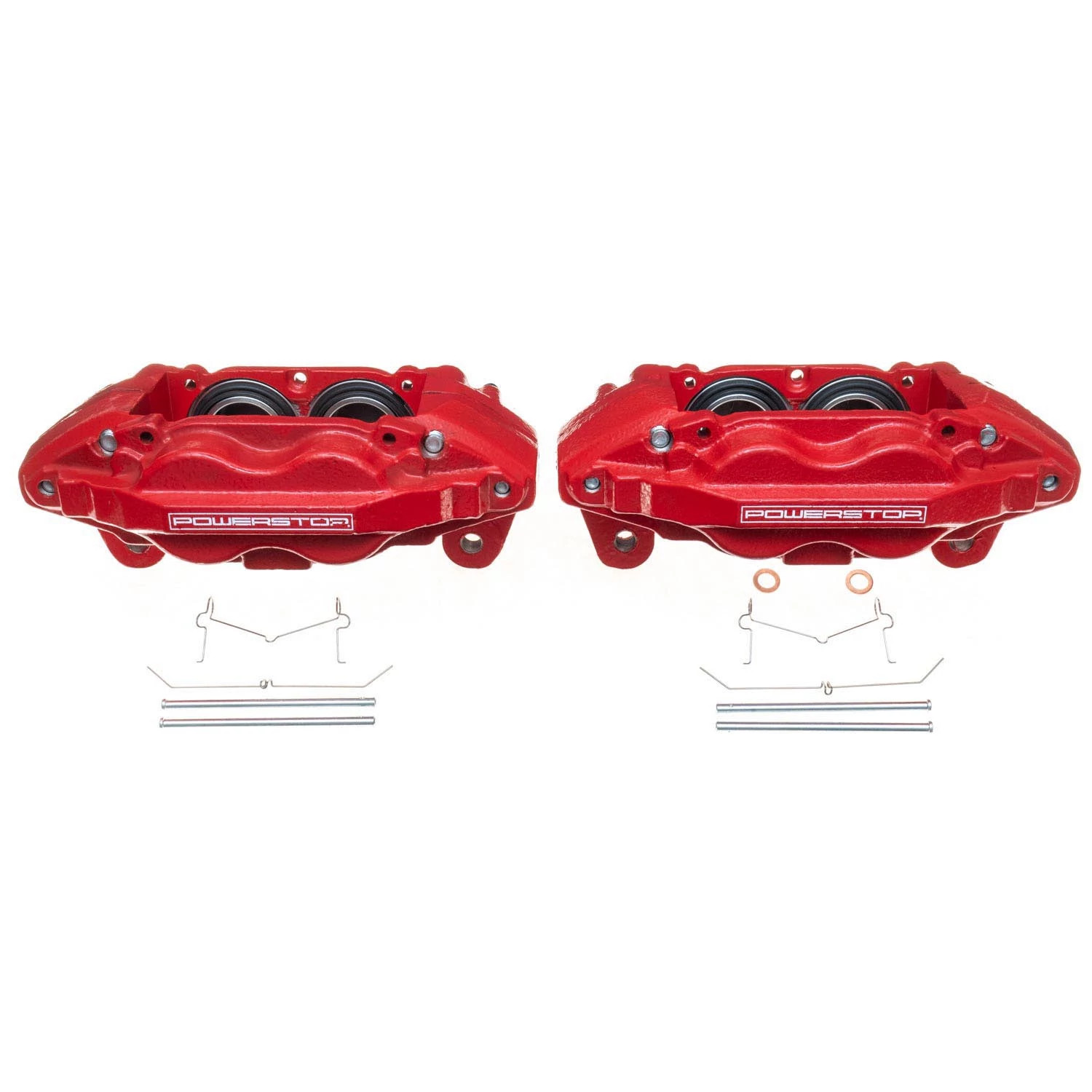 Four red PowerStop brake calipers.