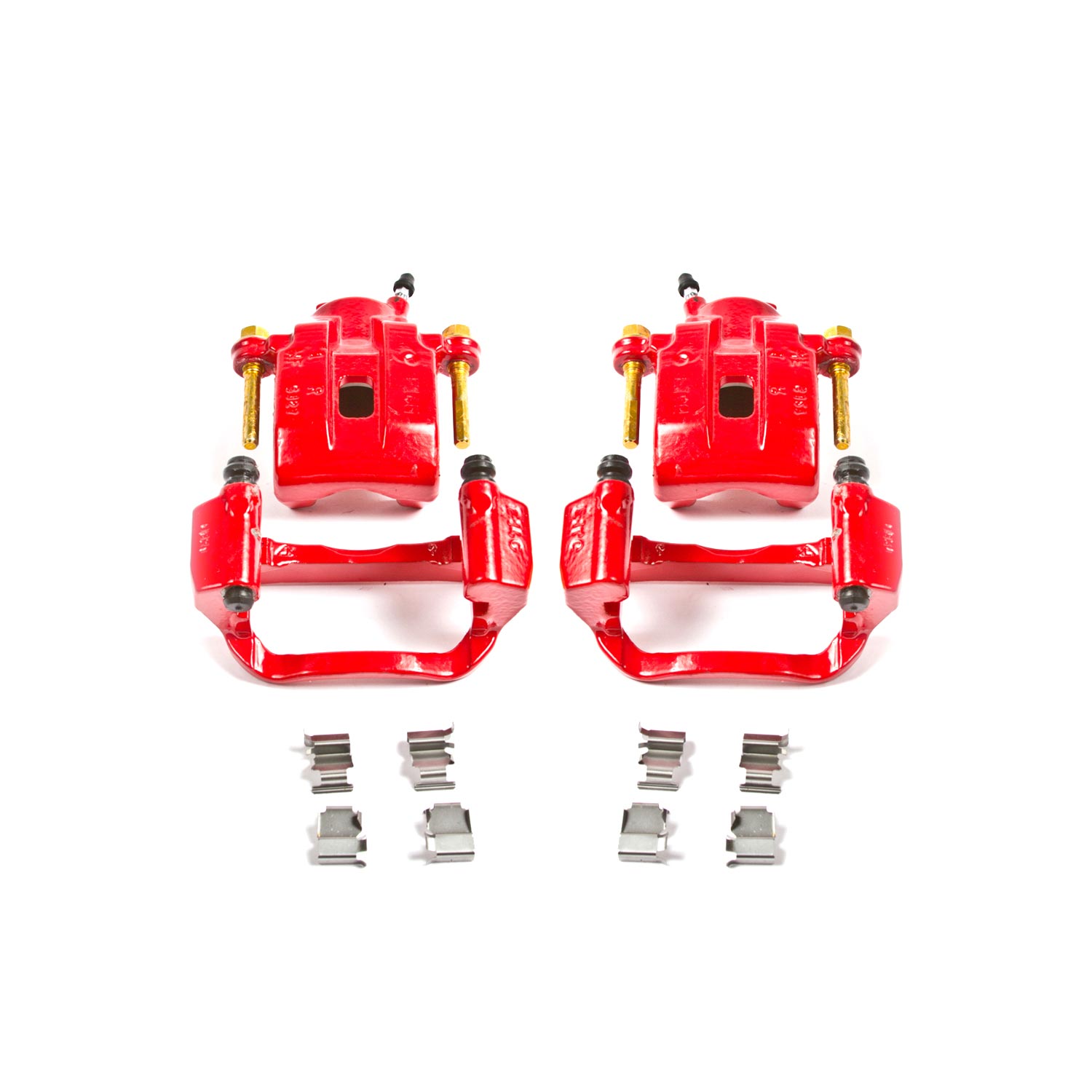 Four red PowerStop brake calipers.