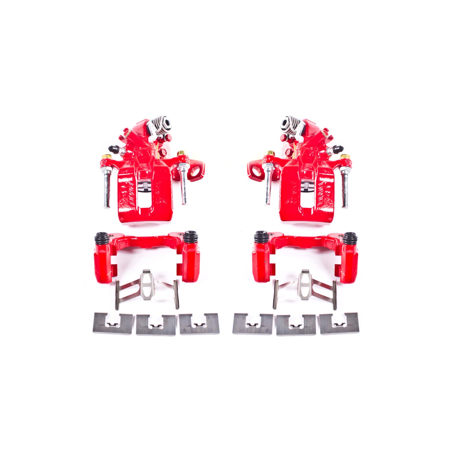Four red PowerStop brake calipers.