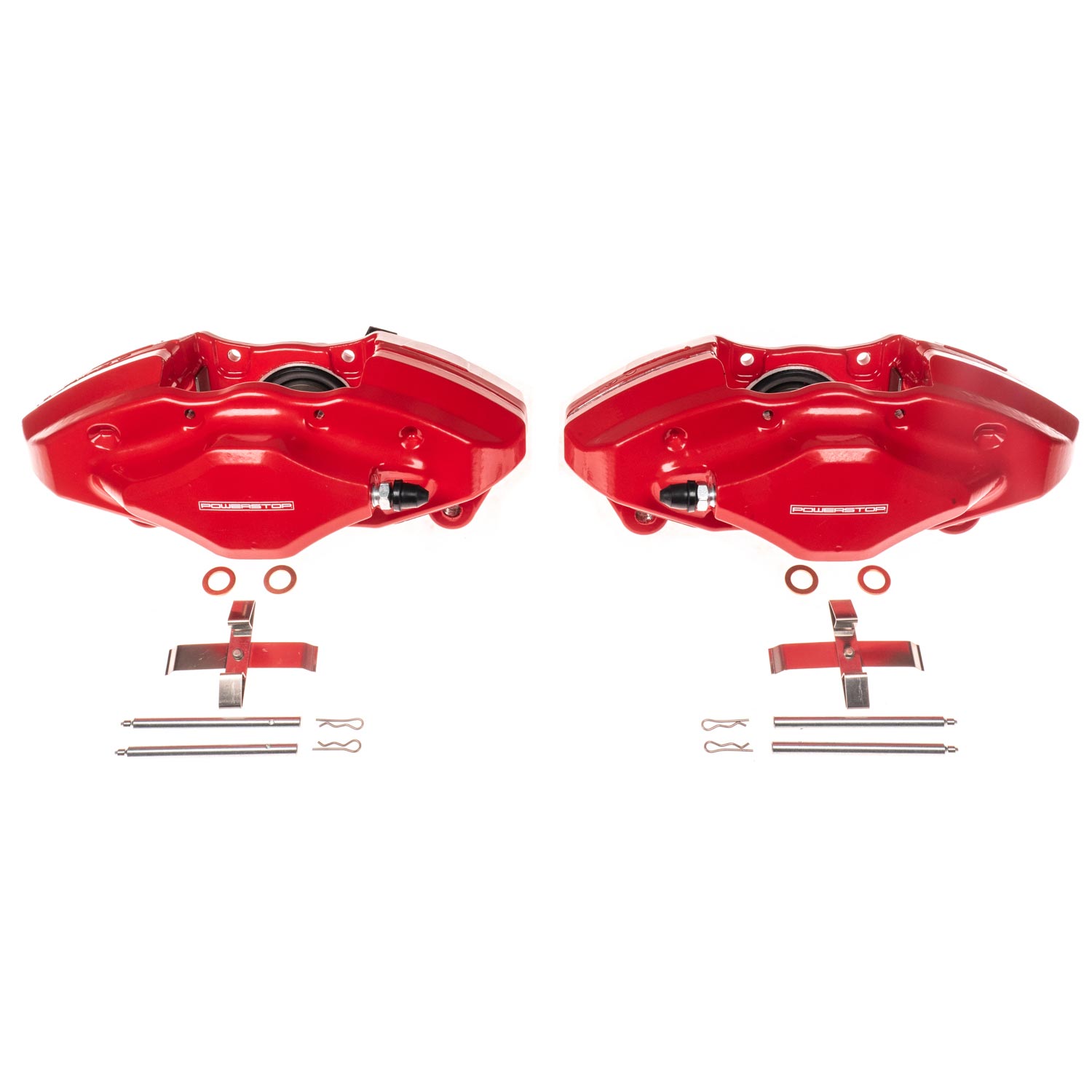 Four red PowerStop brake calipers.