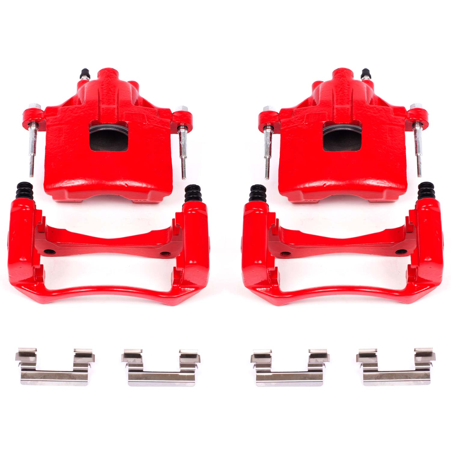 Four red PowerStop brake calipers.