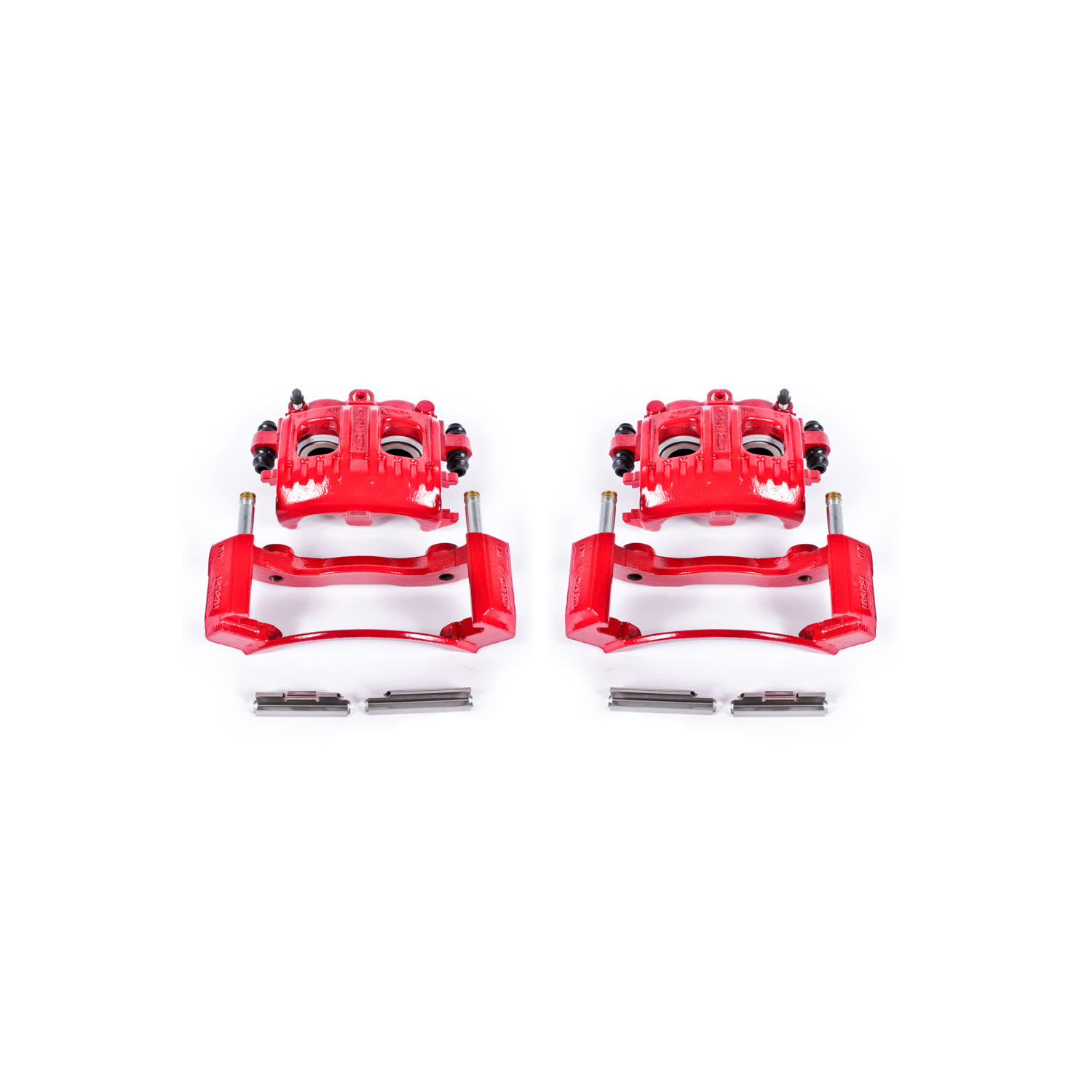 Four red PowerStop brake calipers.