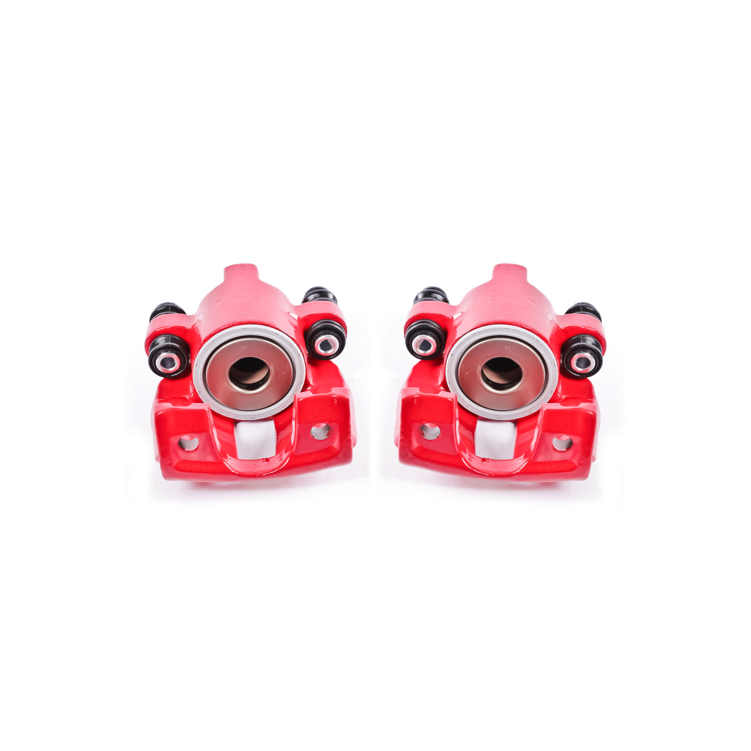 Four red PowerStop brake calipers.