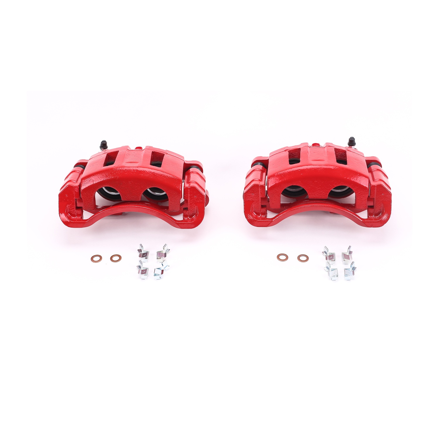 Four red PowerStop brake calipers.