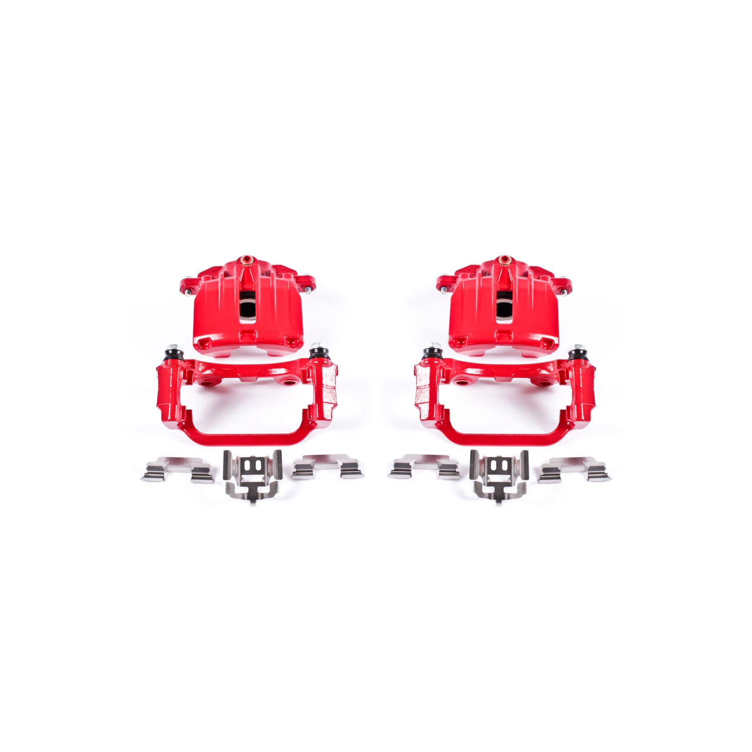 Four red PowerStop brake calipers.