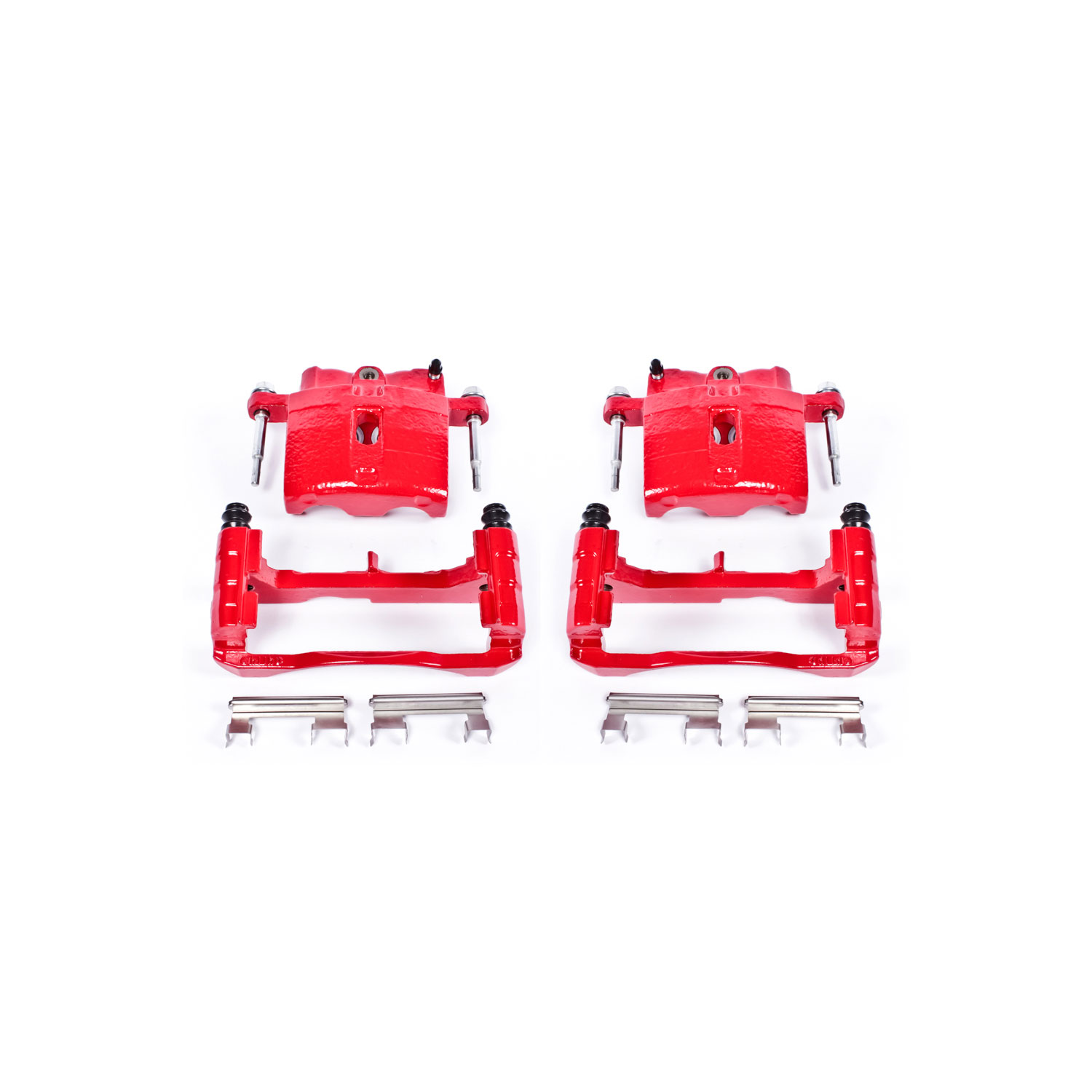 Four red PowerStop brake calipers.