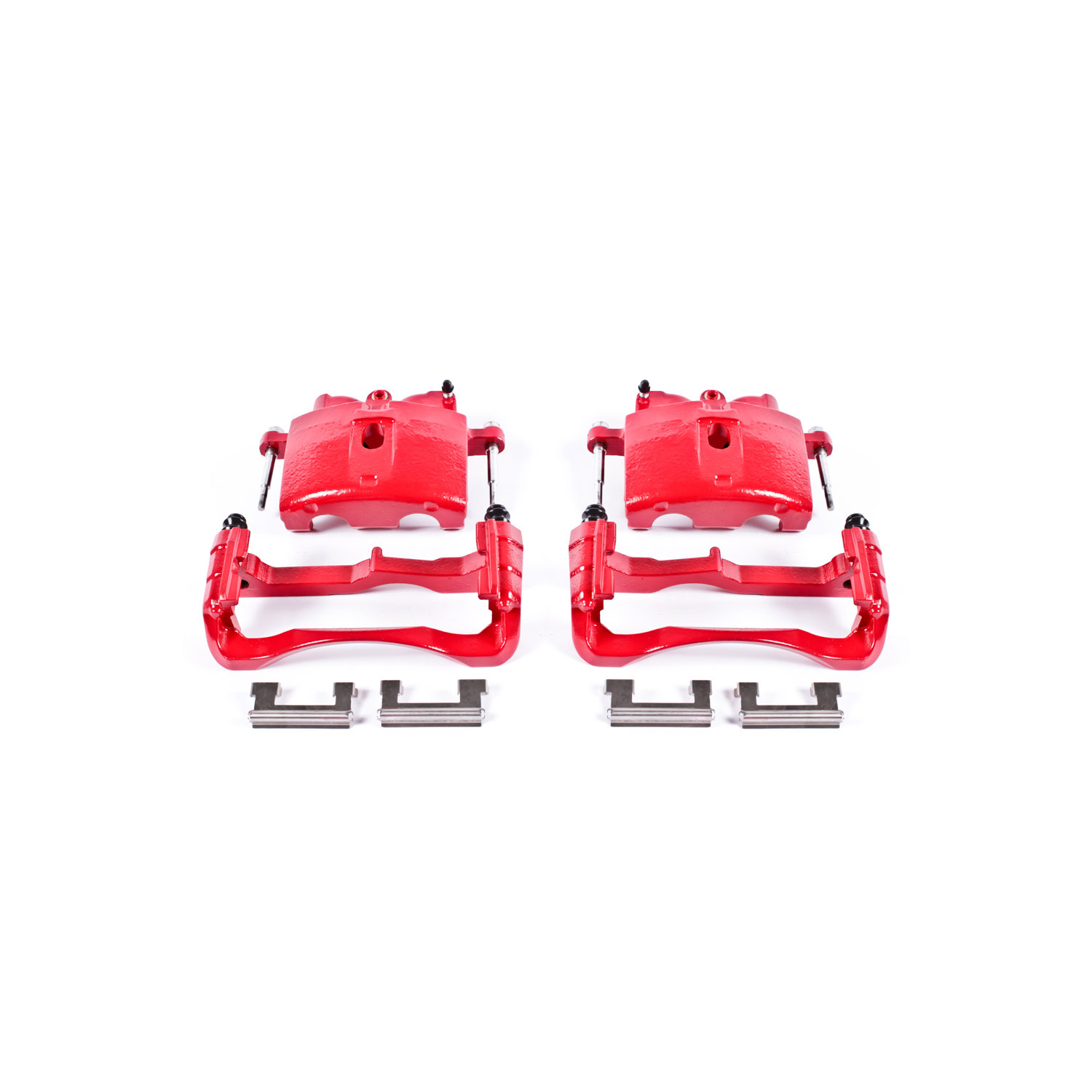 Four red PowerStop brake calipers.