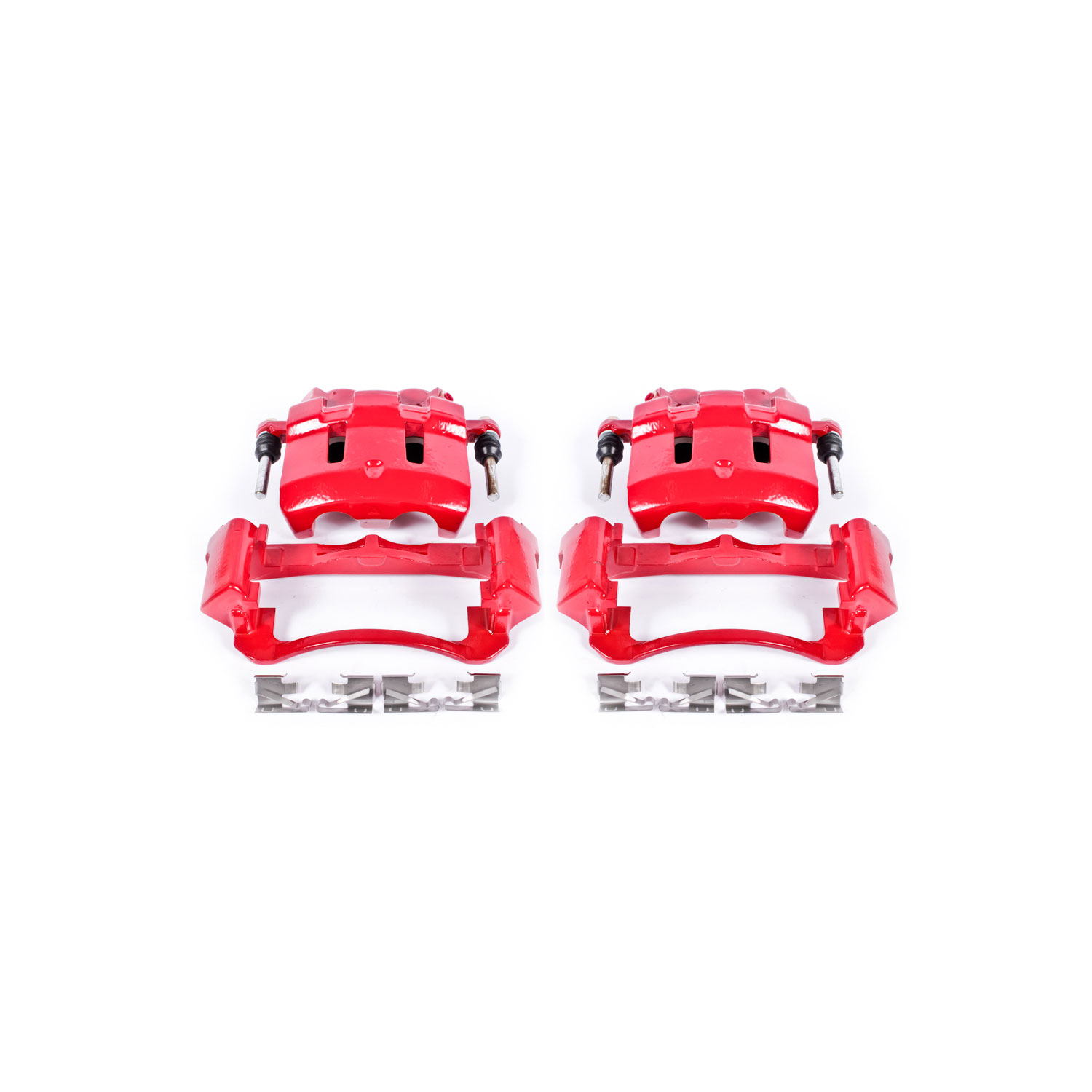 Four red PowerStop brake calipers.