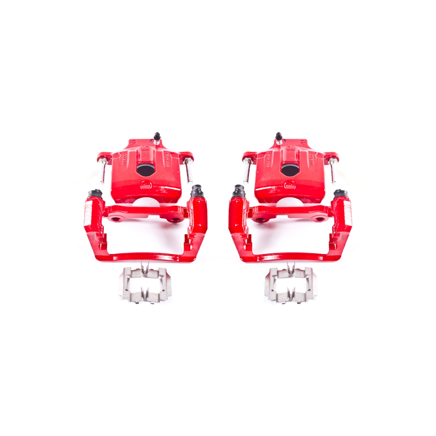 Four red PowerStop brake calipers.