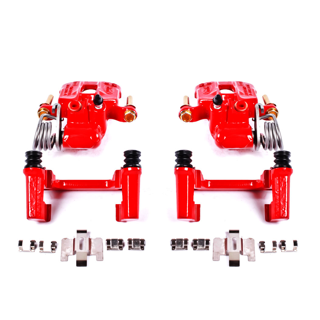 Four red PowerStop brake calipers.