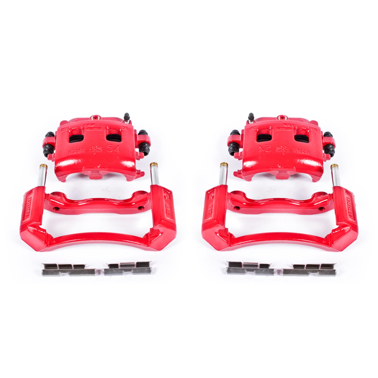 Four red PowerStop brake calipers.