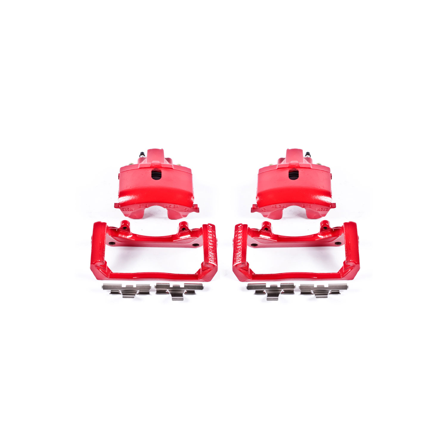 Four red PowerStop brake calipers.