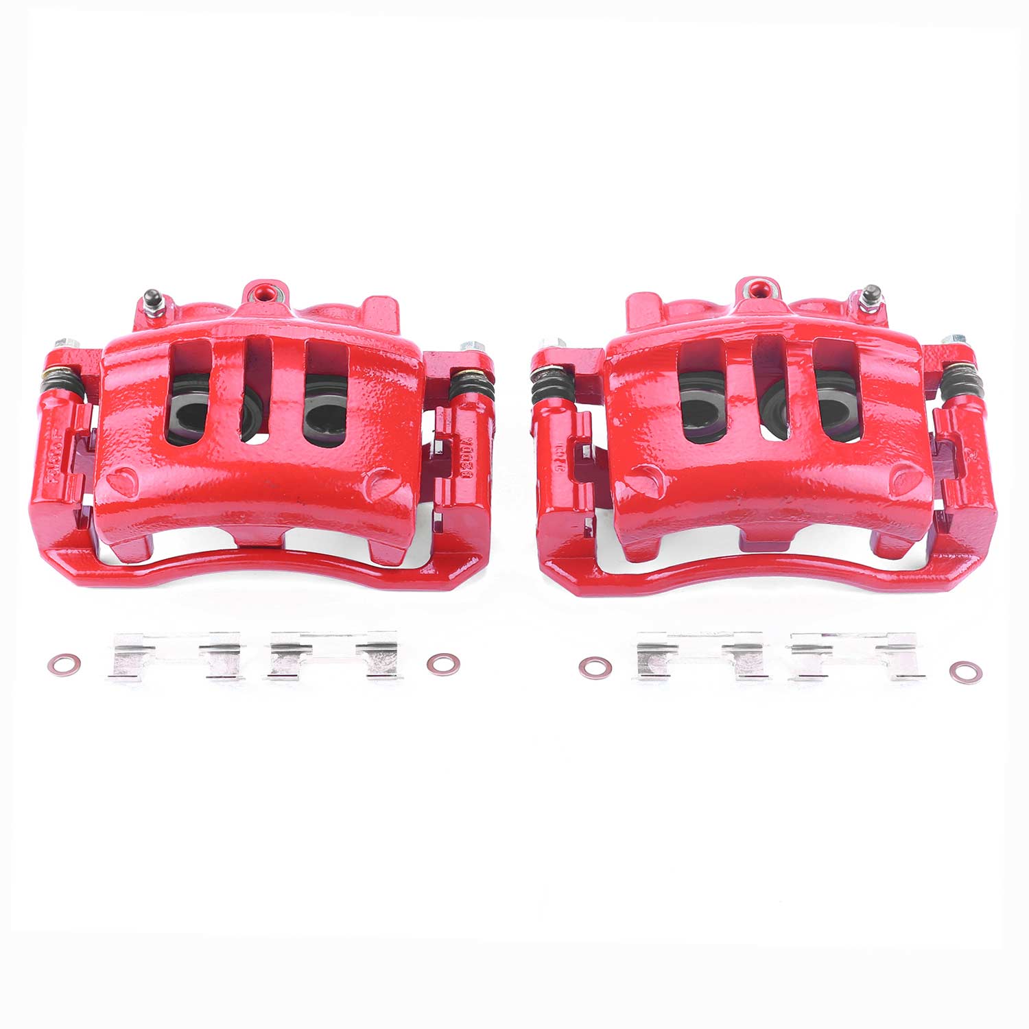 Four red PowerStop brake calipers.