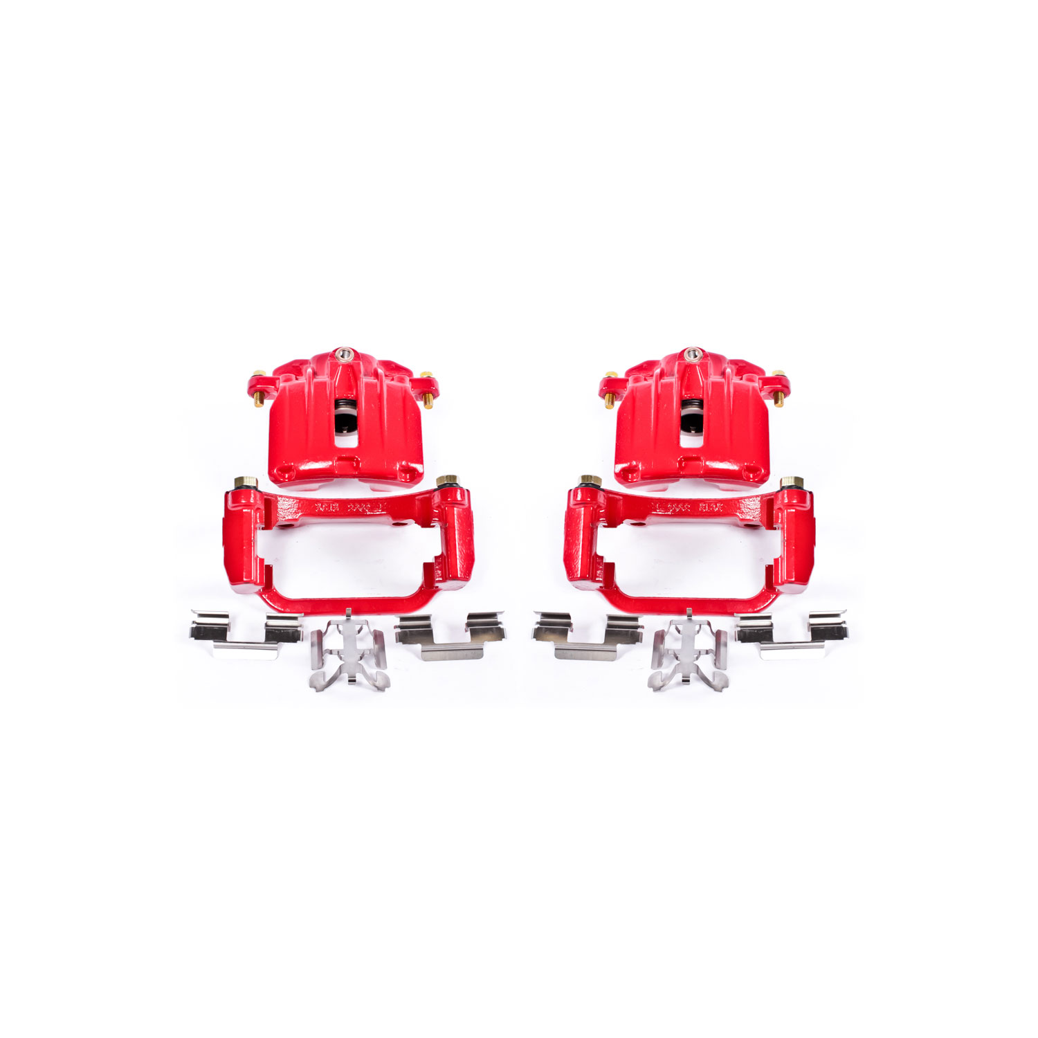 Four red PowerStop brake calipers.