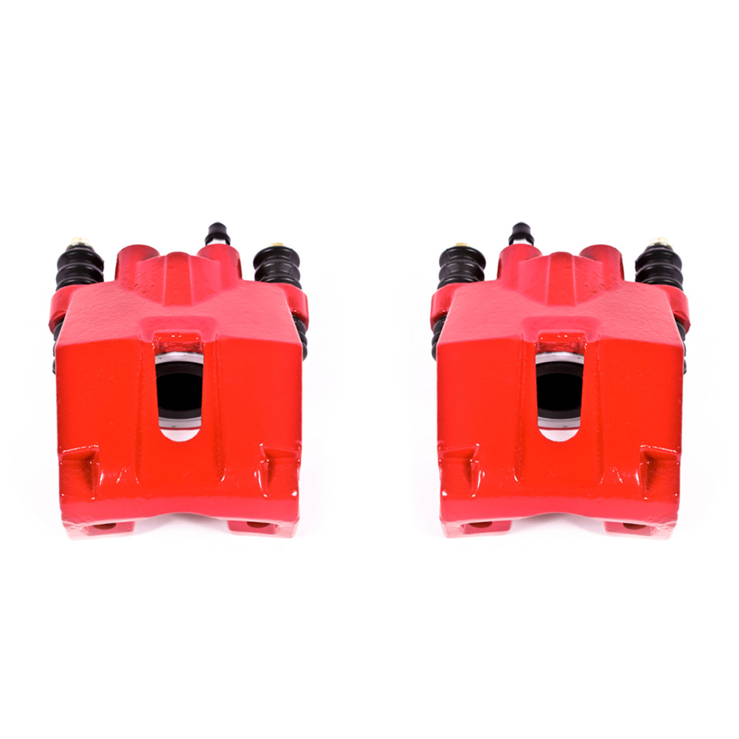 Four red PowerStop brake calipers.