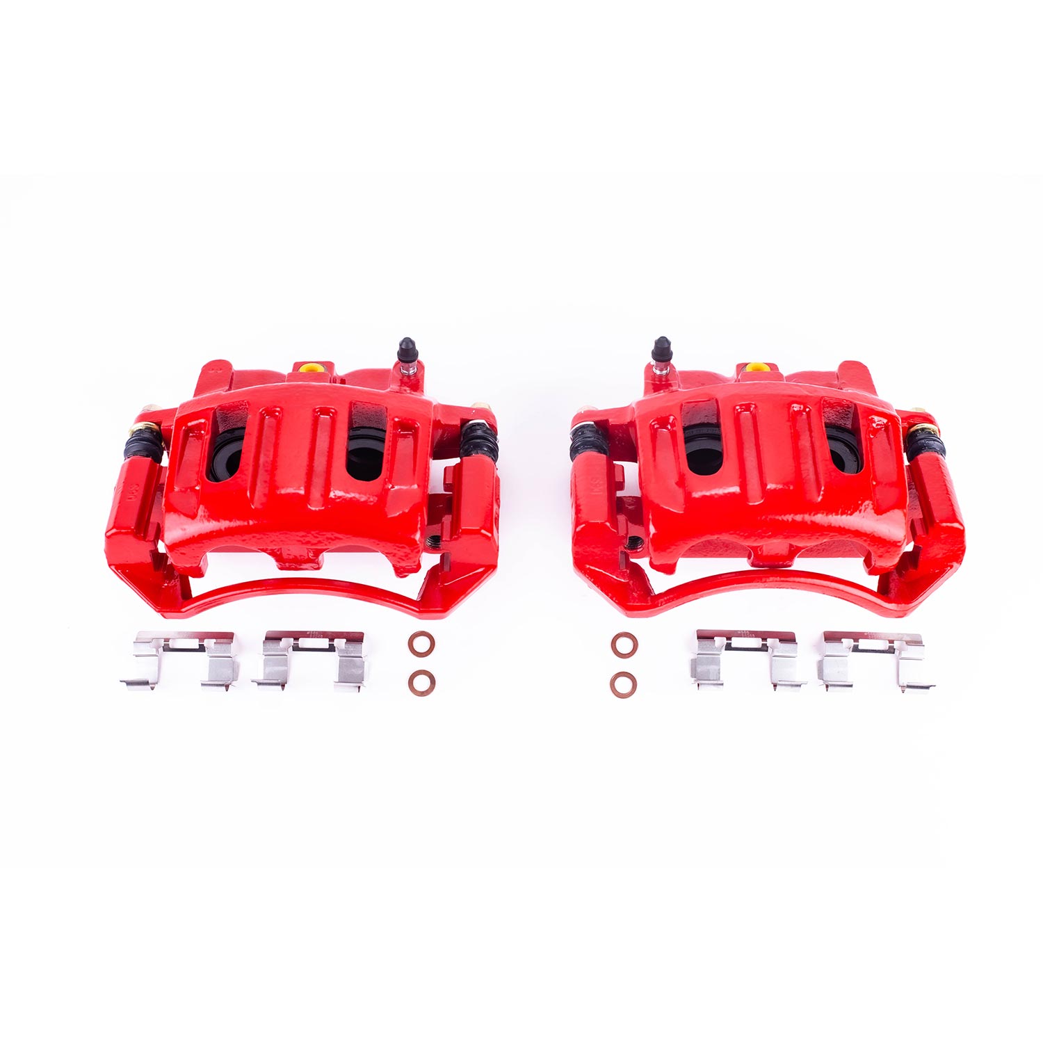 Four red PowerStop brake calipers.