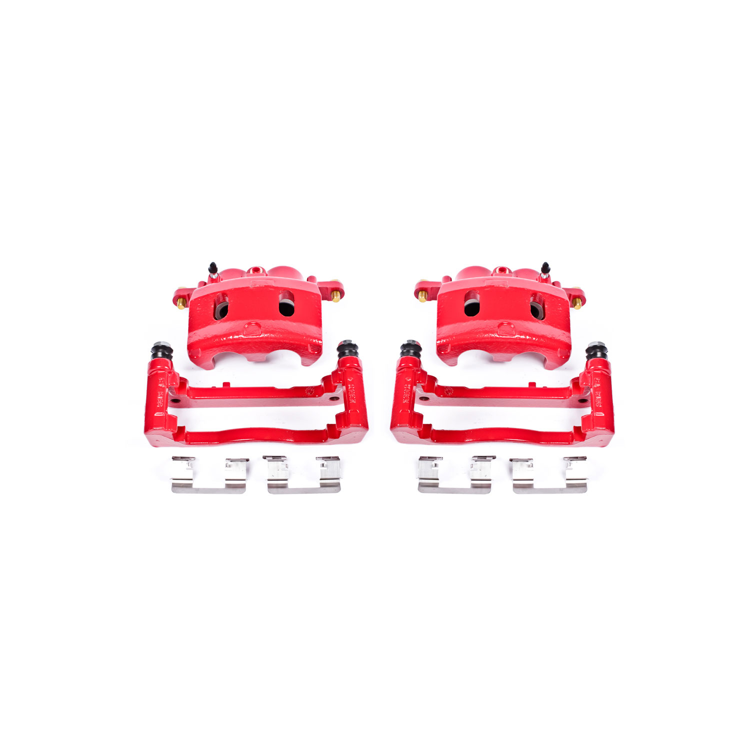 Four red PowerStop brake calipers.