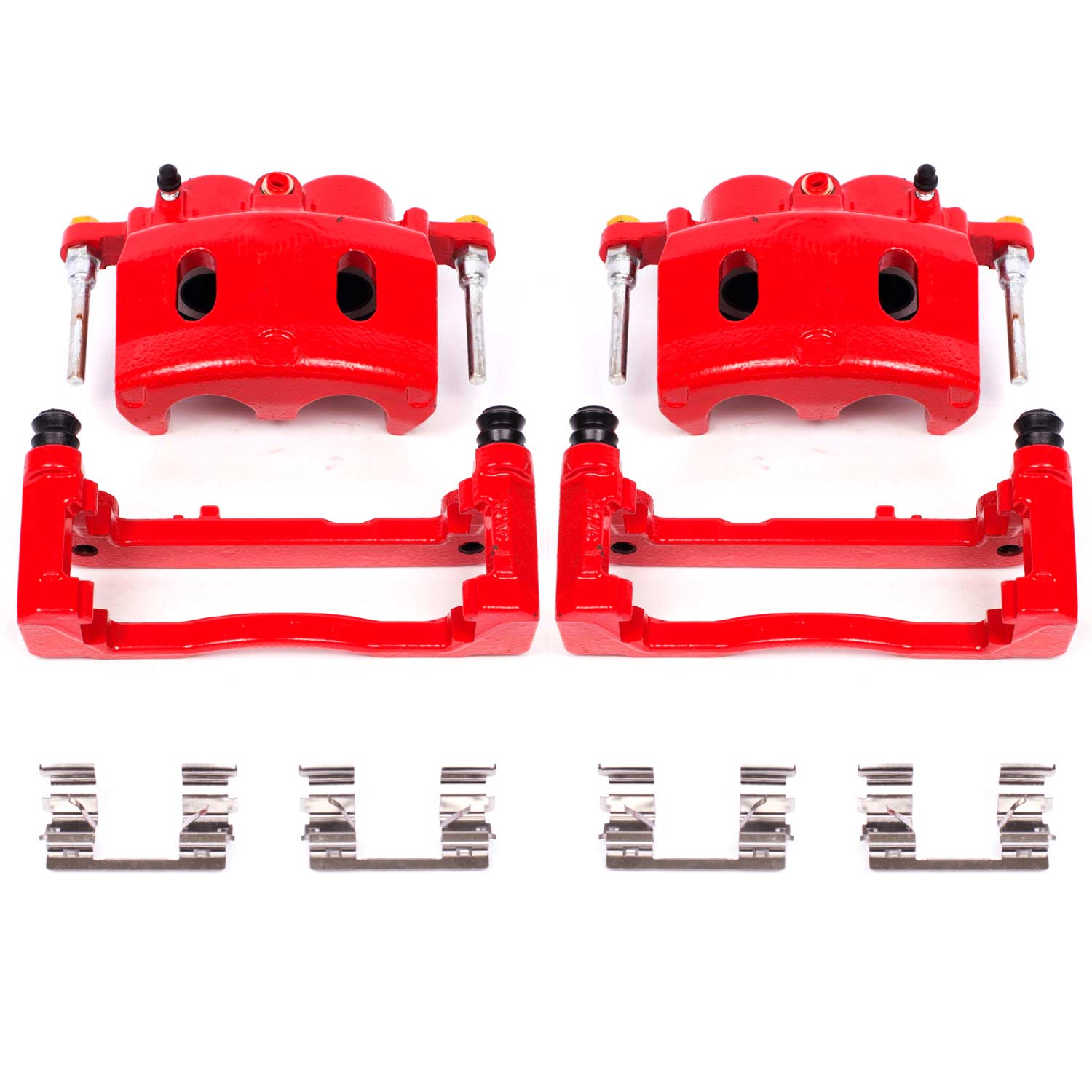 Four red PowerStop brake calipers.