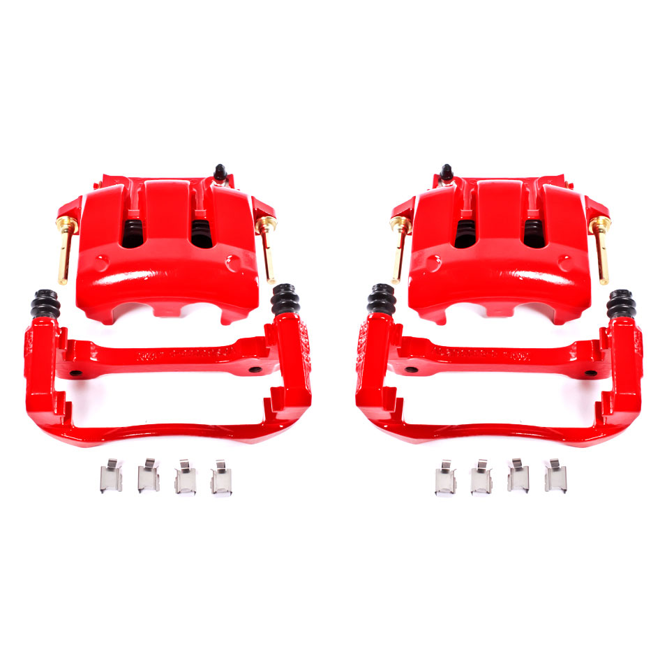 Four red PowerStop brake calipers.