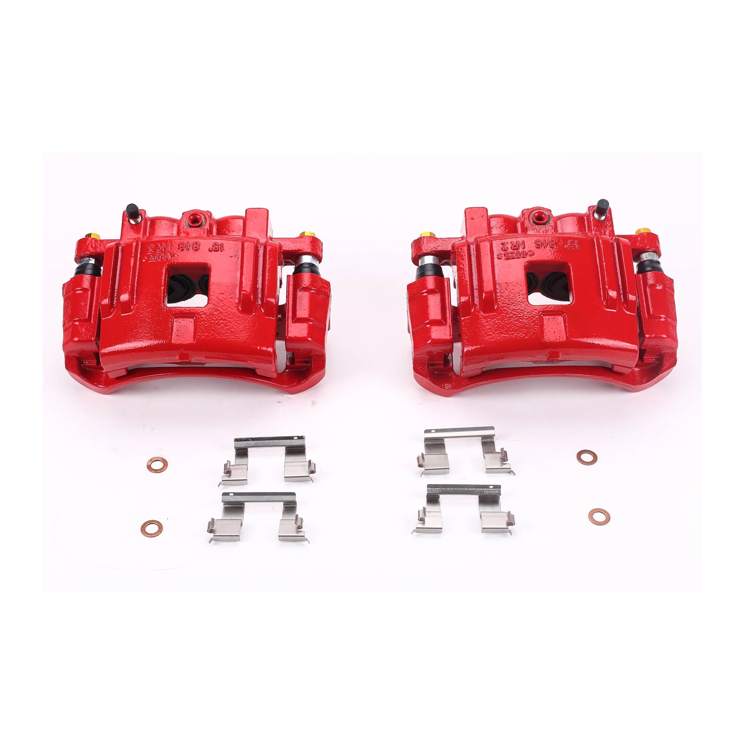 Four red PowerStop brake calipers.