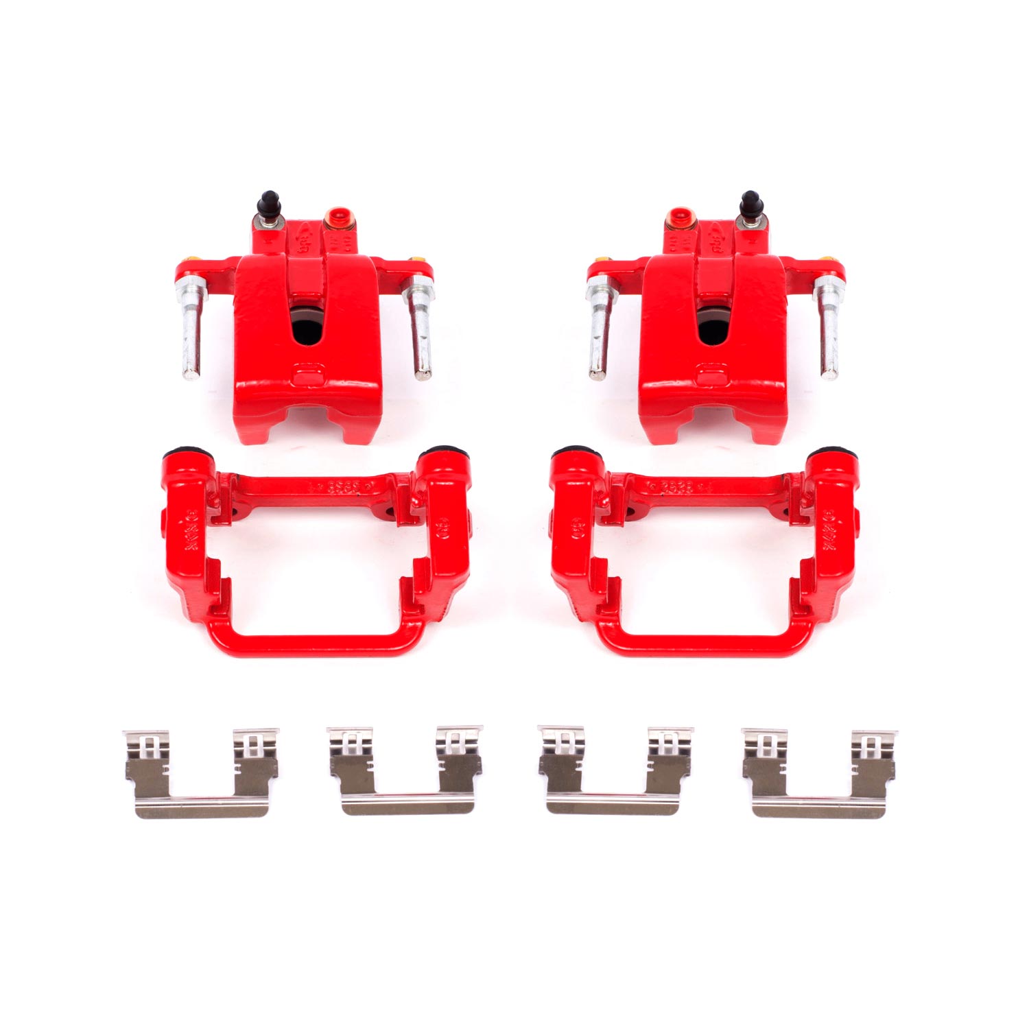 Four red PowerStop brake calipers.