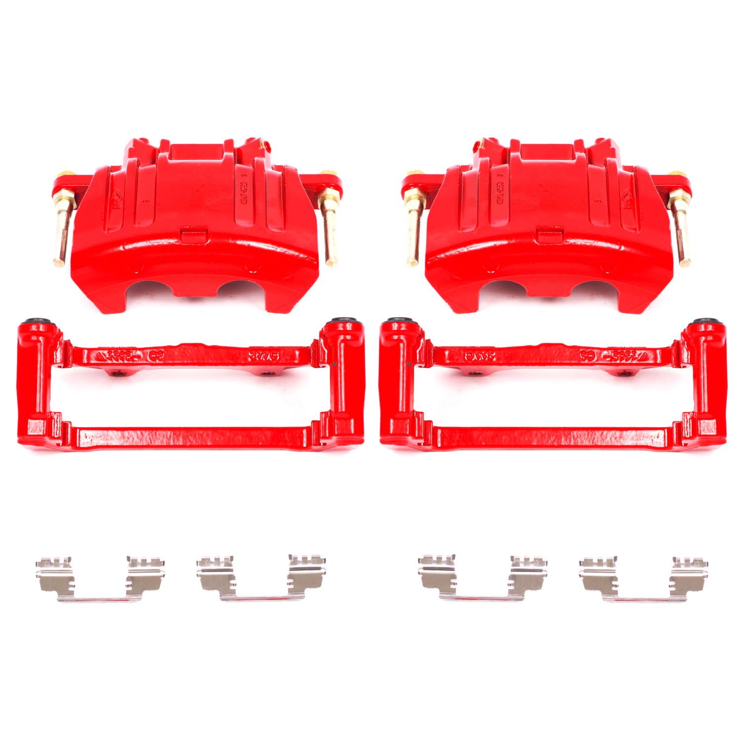 Four red PowerStop brake calipers.