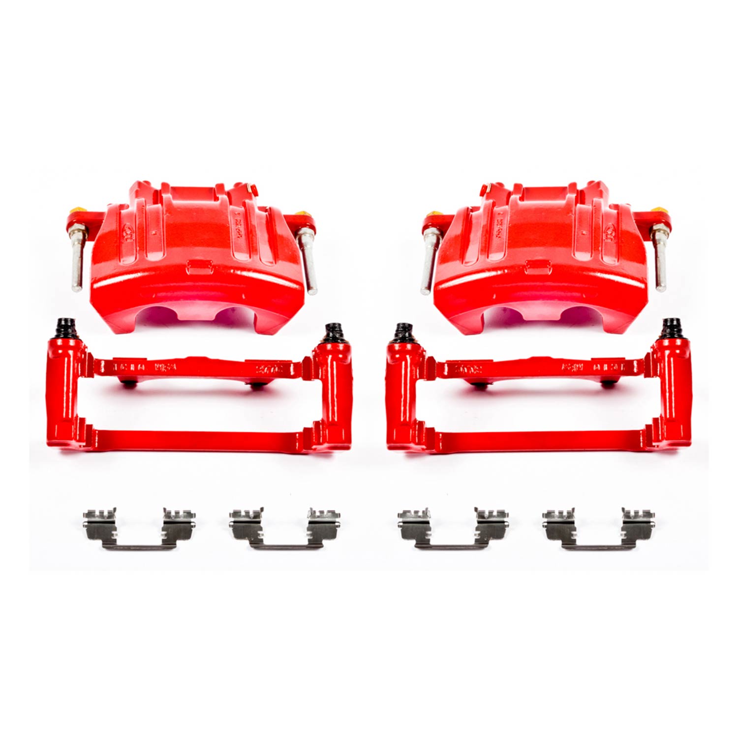 Four red PowerStop brake calipers.