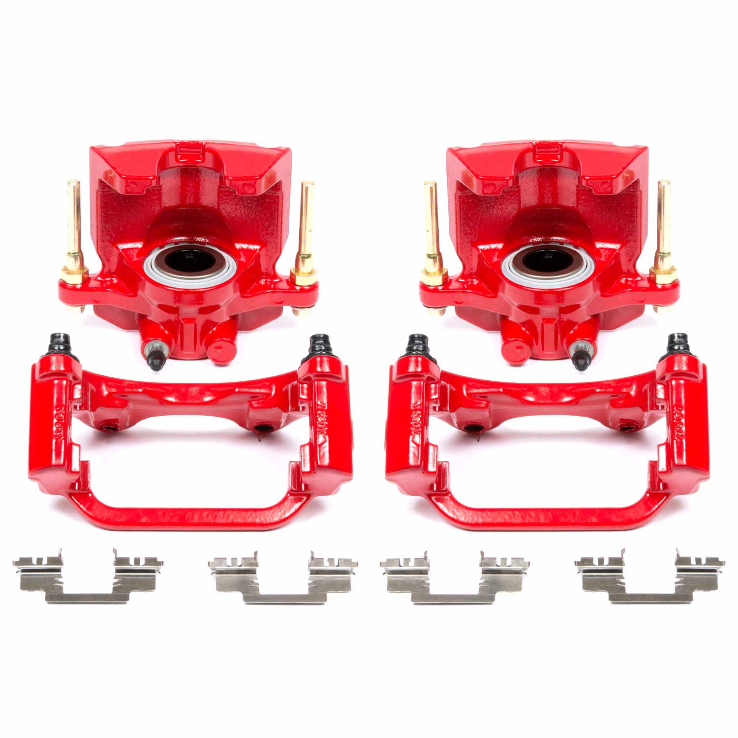 Four red PowerStop brake calipers.