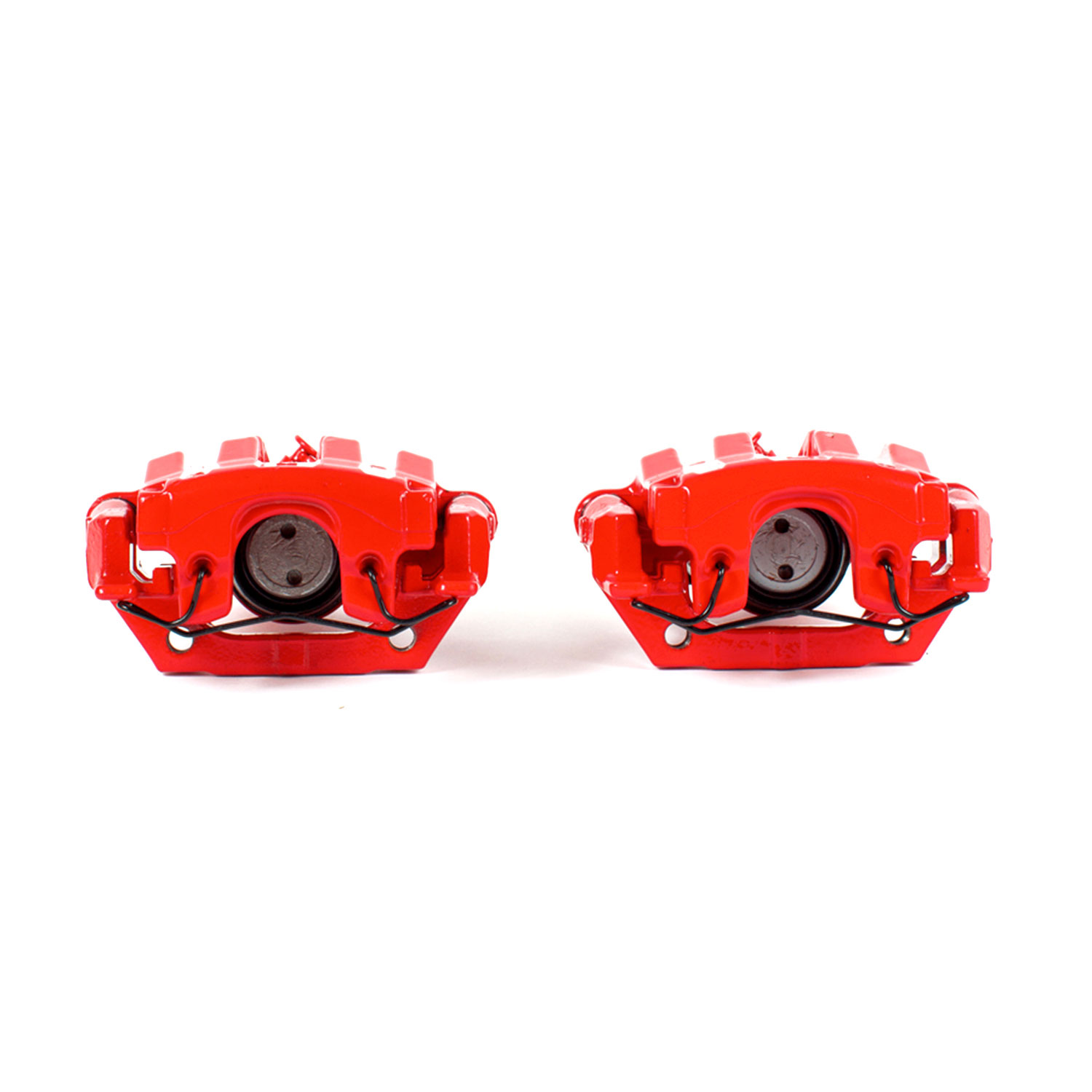 Four red PowerStop brake calipers.