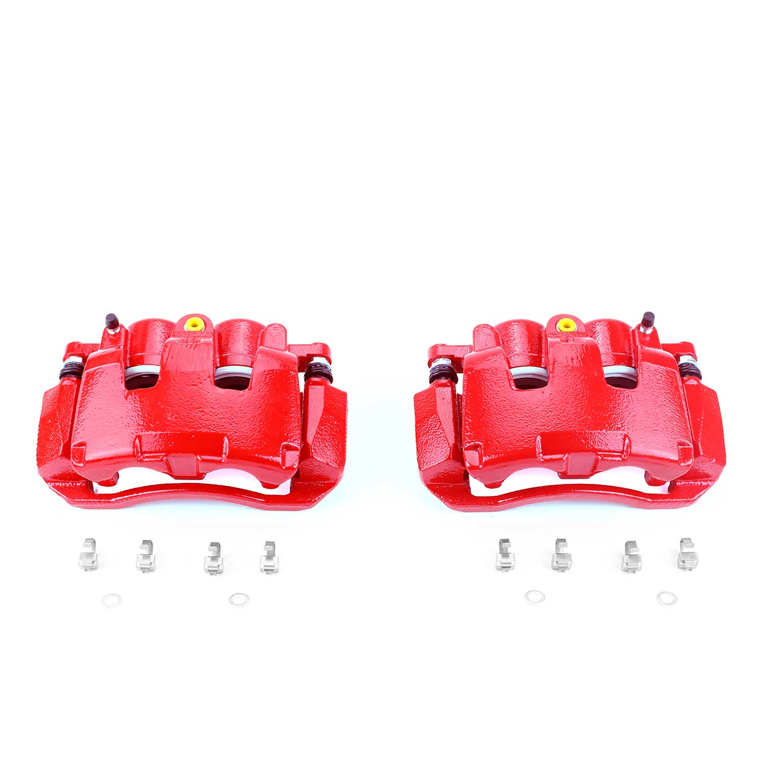 Four red PowerStop brake calipers.