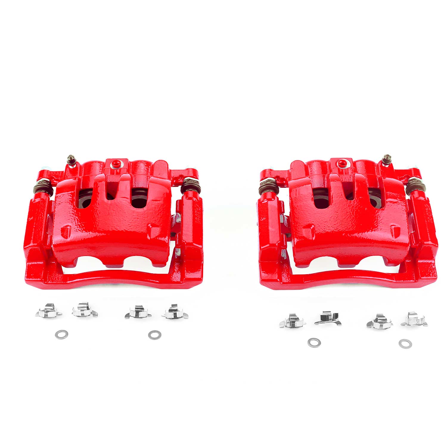 Four red PowerStop brake calipers.