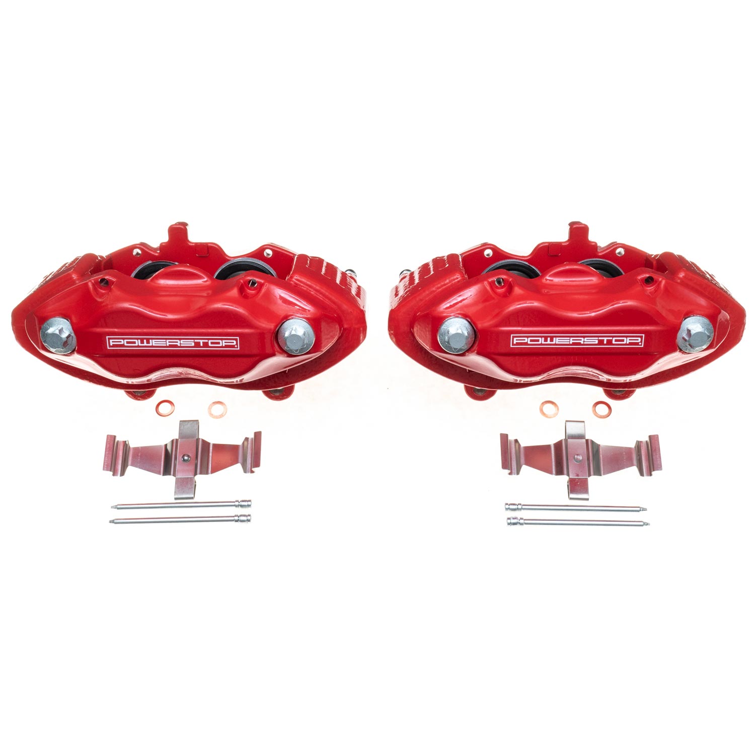 Four red PowerStop brake calipers.