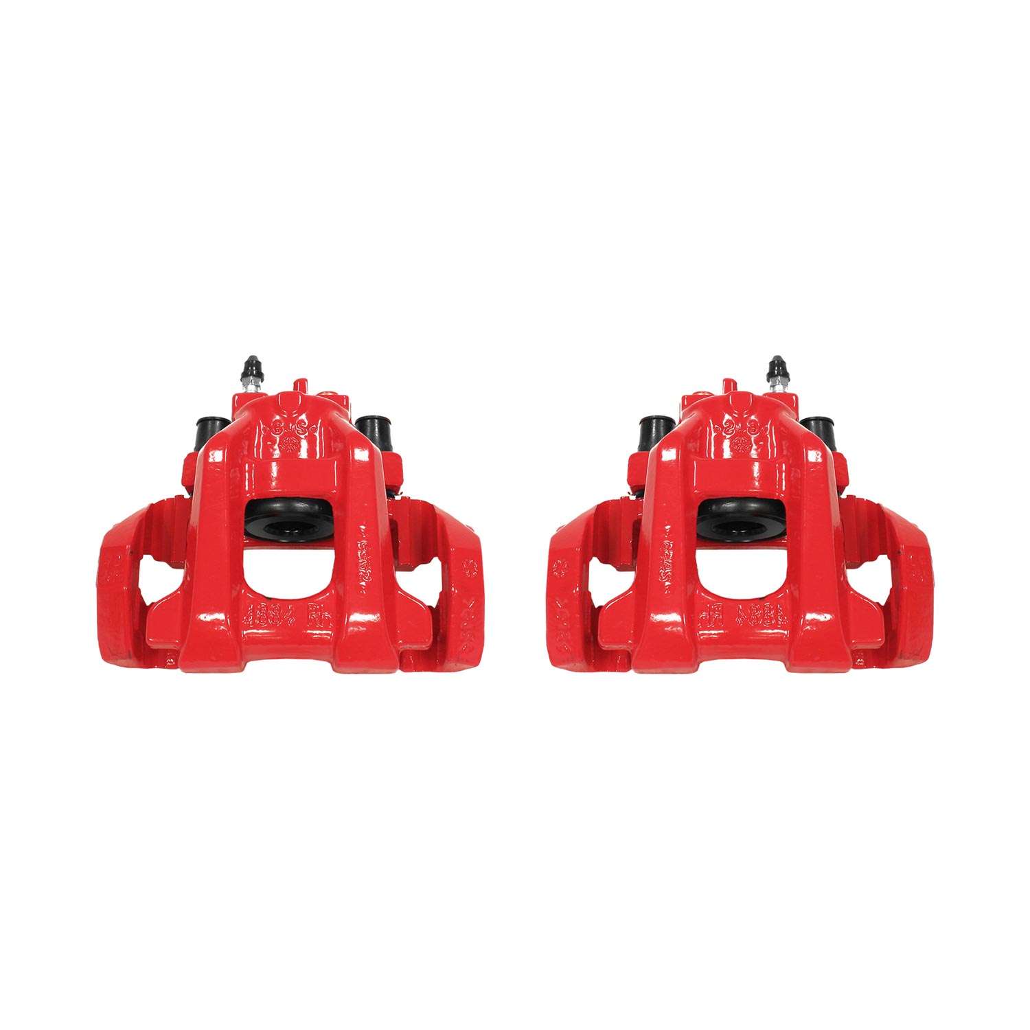 Four red PowerStop brake calipers.