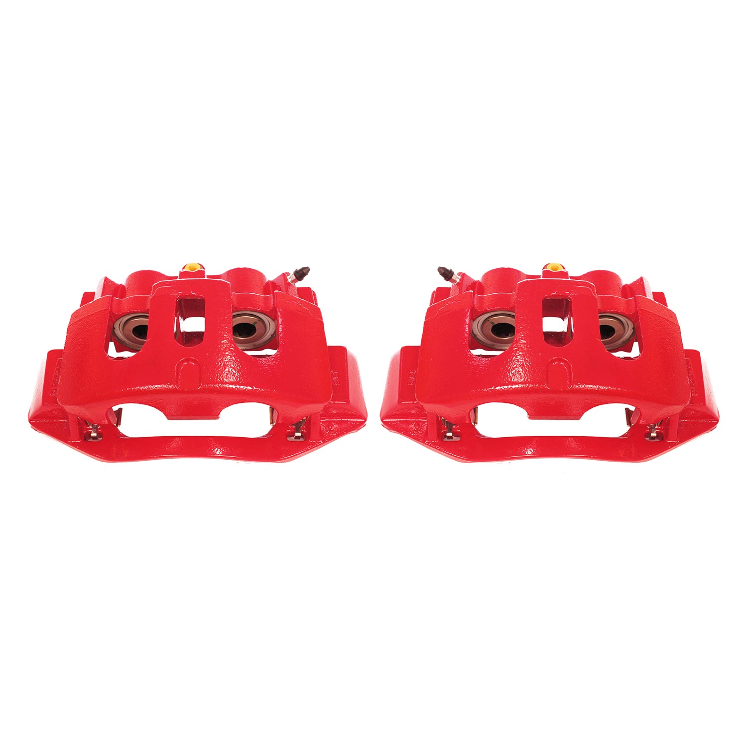 Four red PowerStop brake calipers.