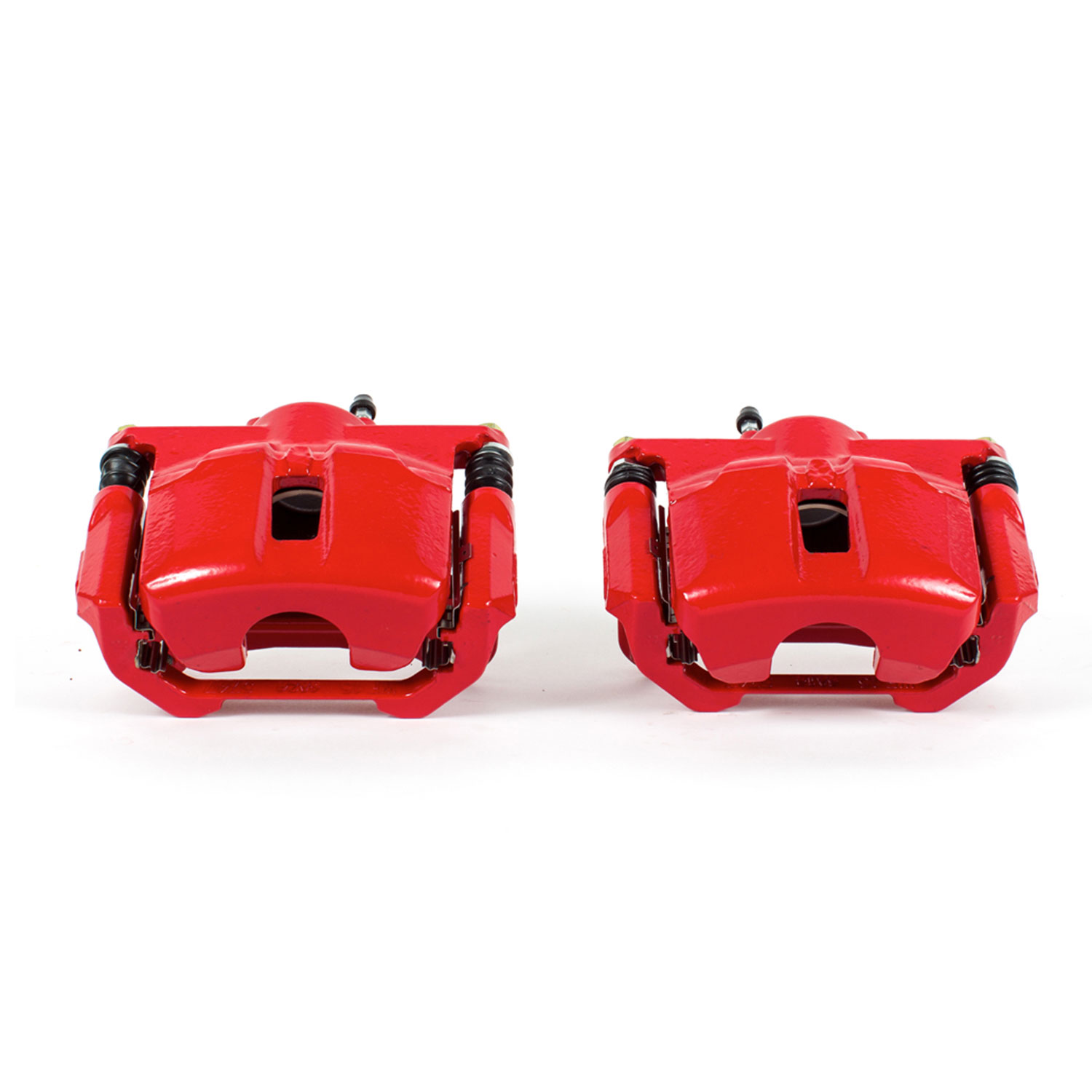 Four red PowerStop brake calipers.