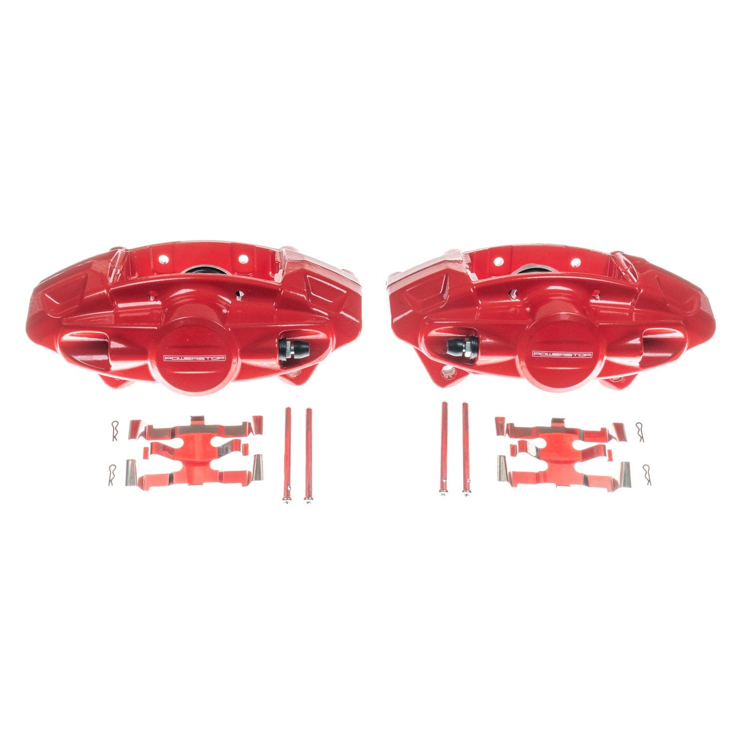 Four red PowerStop brake calipers.