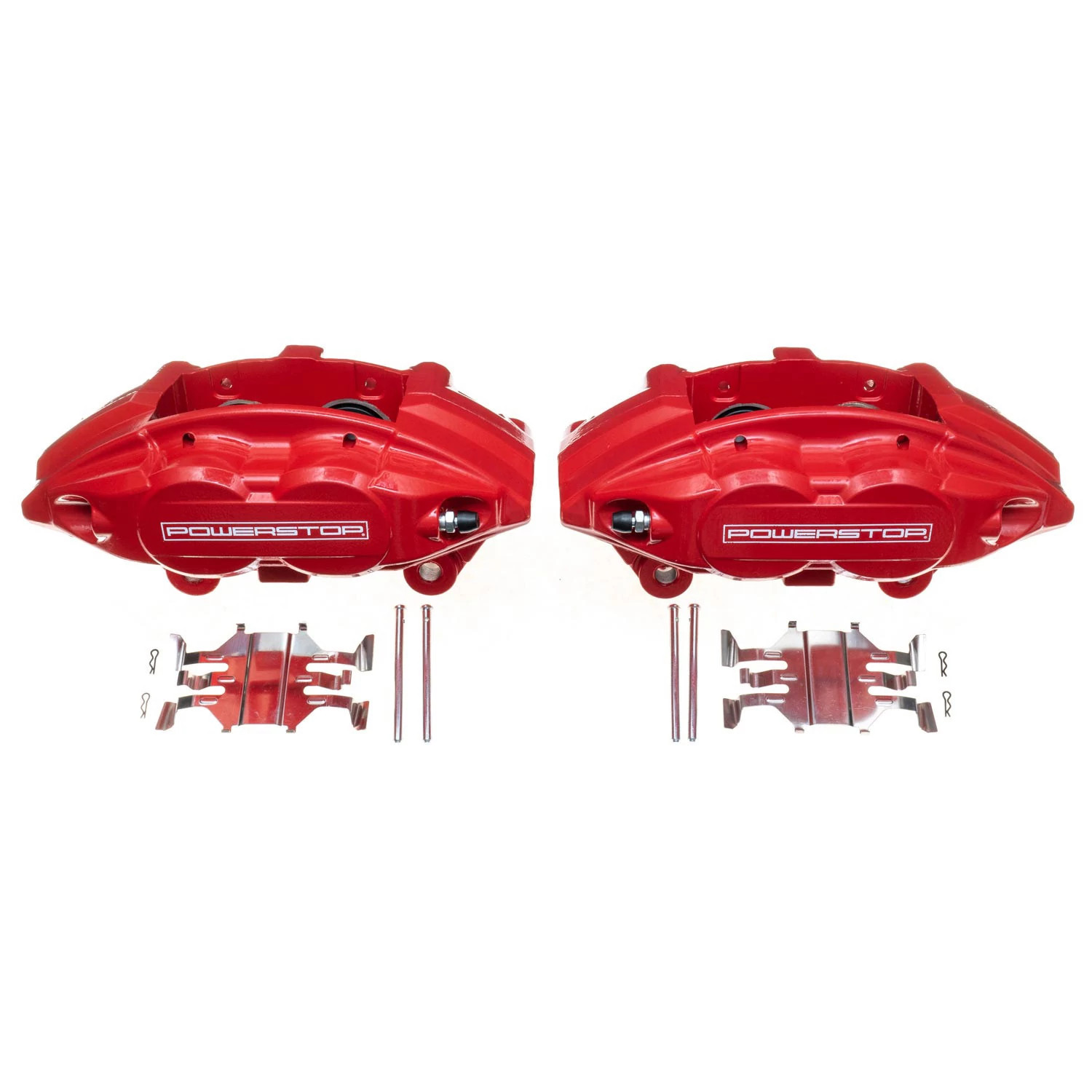Four red PowerStop brake calipers.