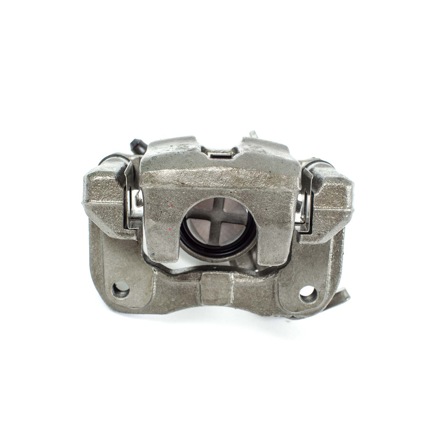 Four silver brake calipers.