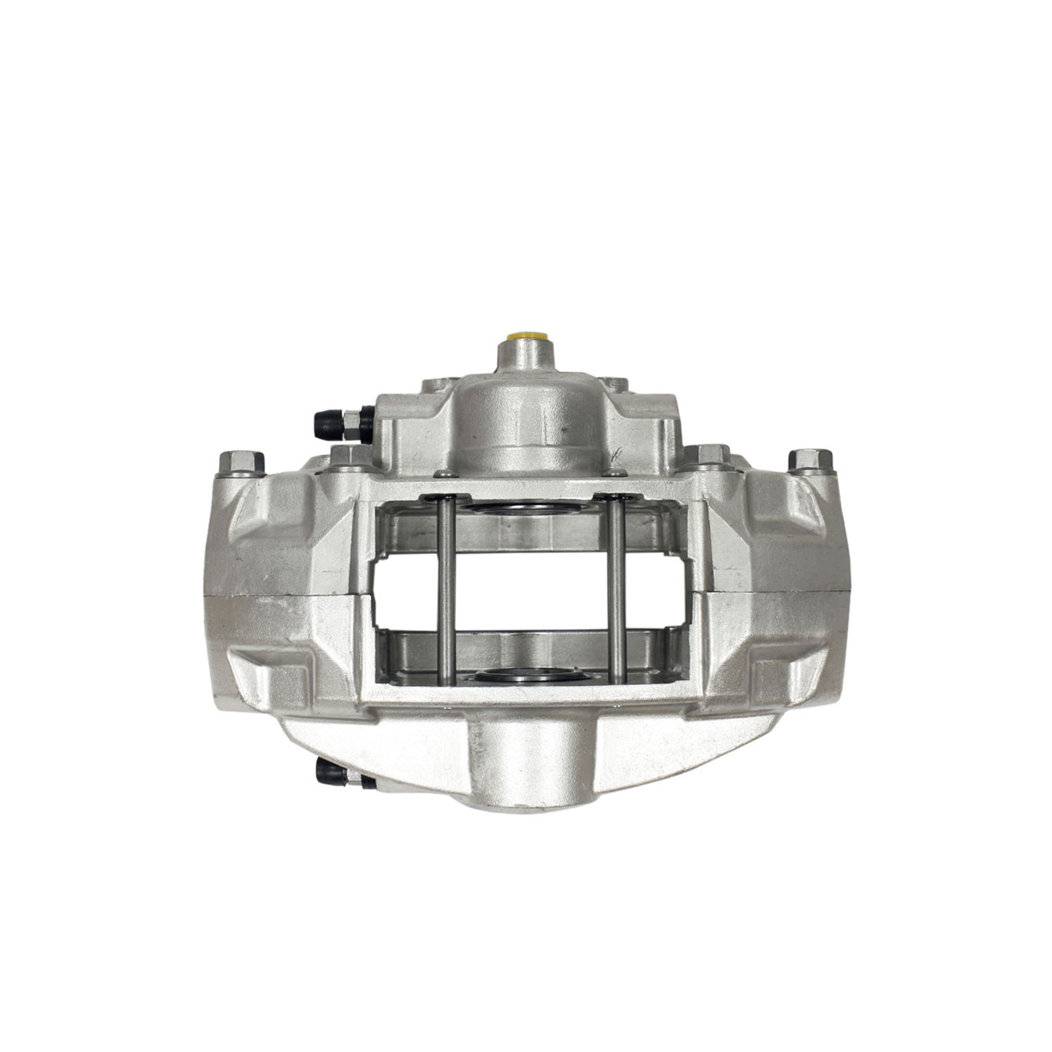 Four silver brake calipers.